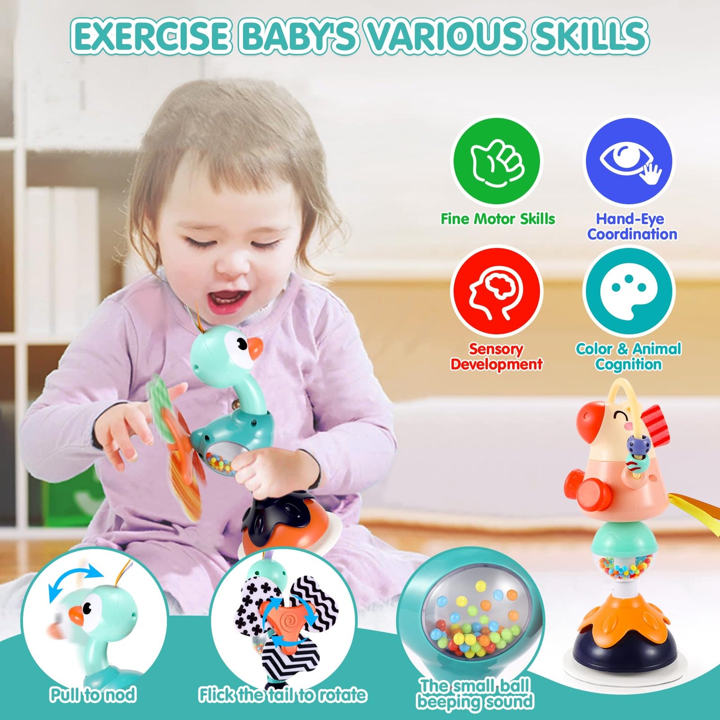 Baby Toys 6-12 Months Infant Toy Set of 3 High Chair Suction Cup Rattle Teething Toys for Babies 6 7 9 12-18 Months 2-in-1 Sensory Development Tray Toy Baby Gifts for Boys Girls