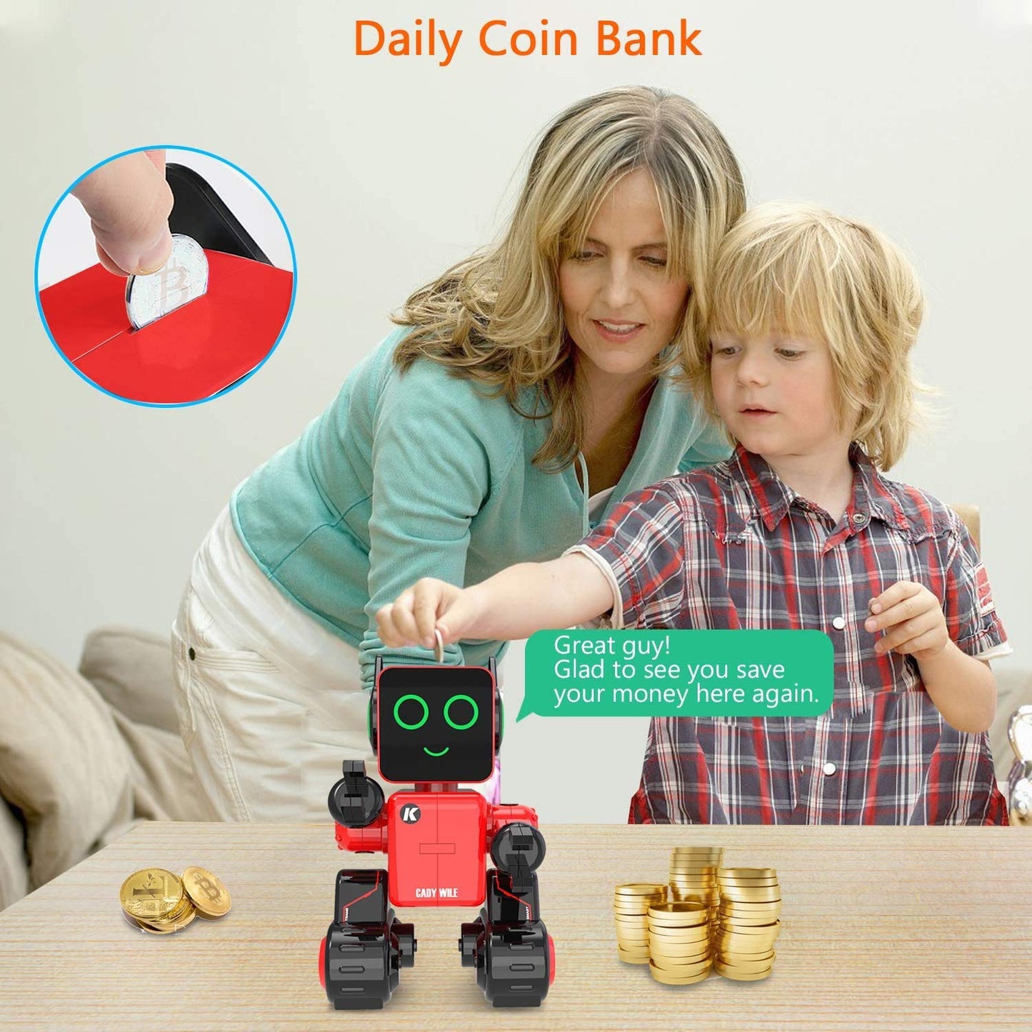 Rechargeable RC Robot Toy for Kids - Interactive Intelligent LED Light, Speaks, Dances, Built-in Coin Bank (White)