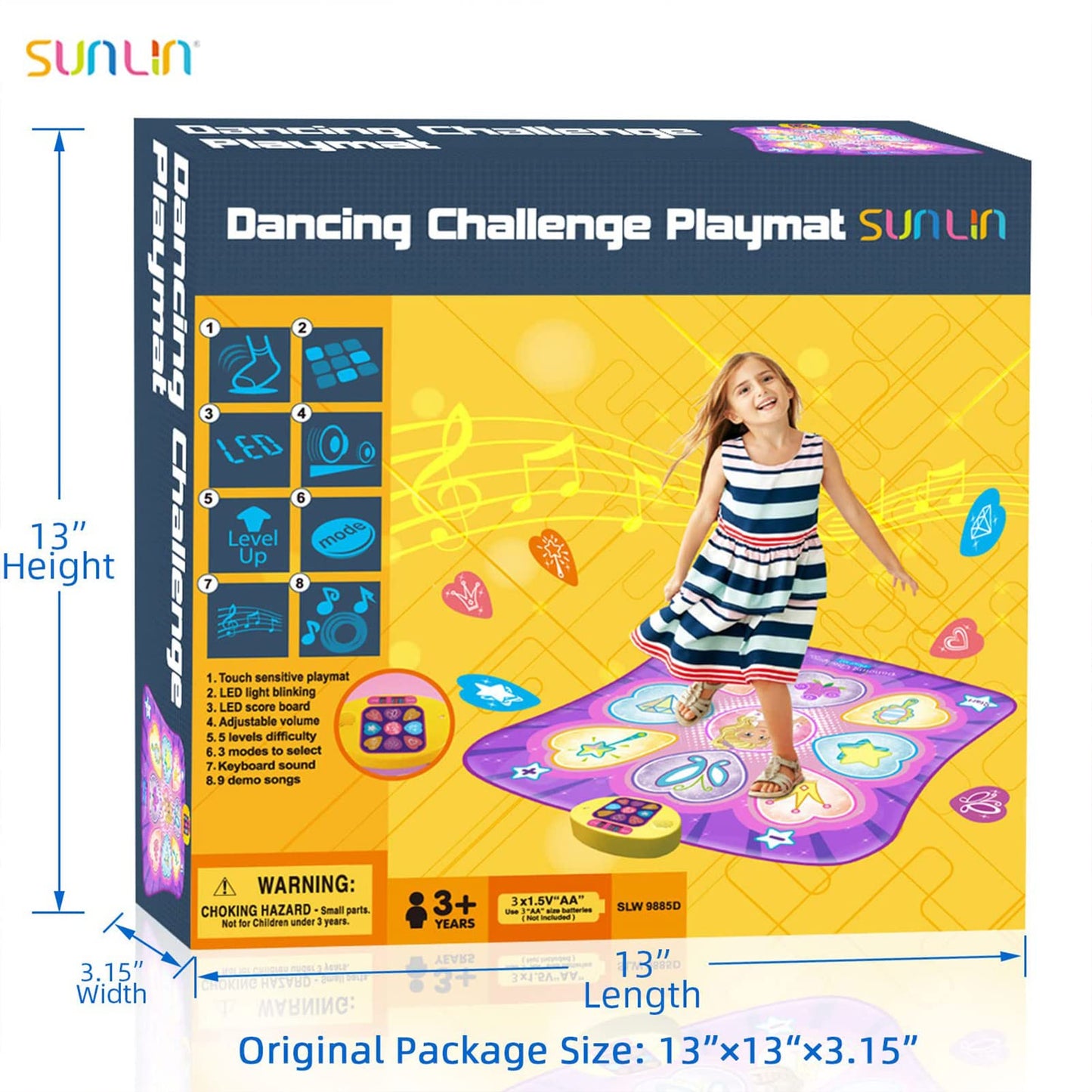 SUNLIN Dance Mat - Dance Mixer Rhythm Step Play Mat - Dance Game Toy Gift for Kids Girls Boys - Dance Pad with LED Lights, Adjustable Volume, Built-in Music, 3 Challenge Levels (3-12 Years Old)