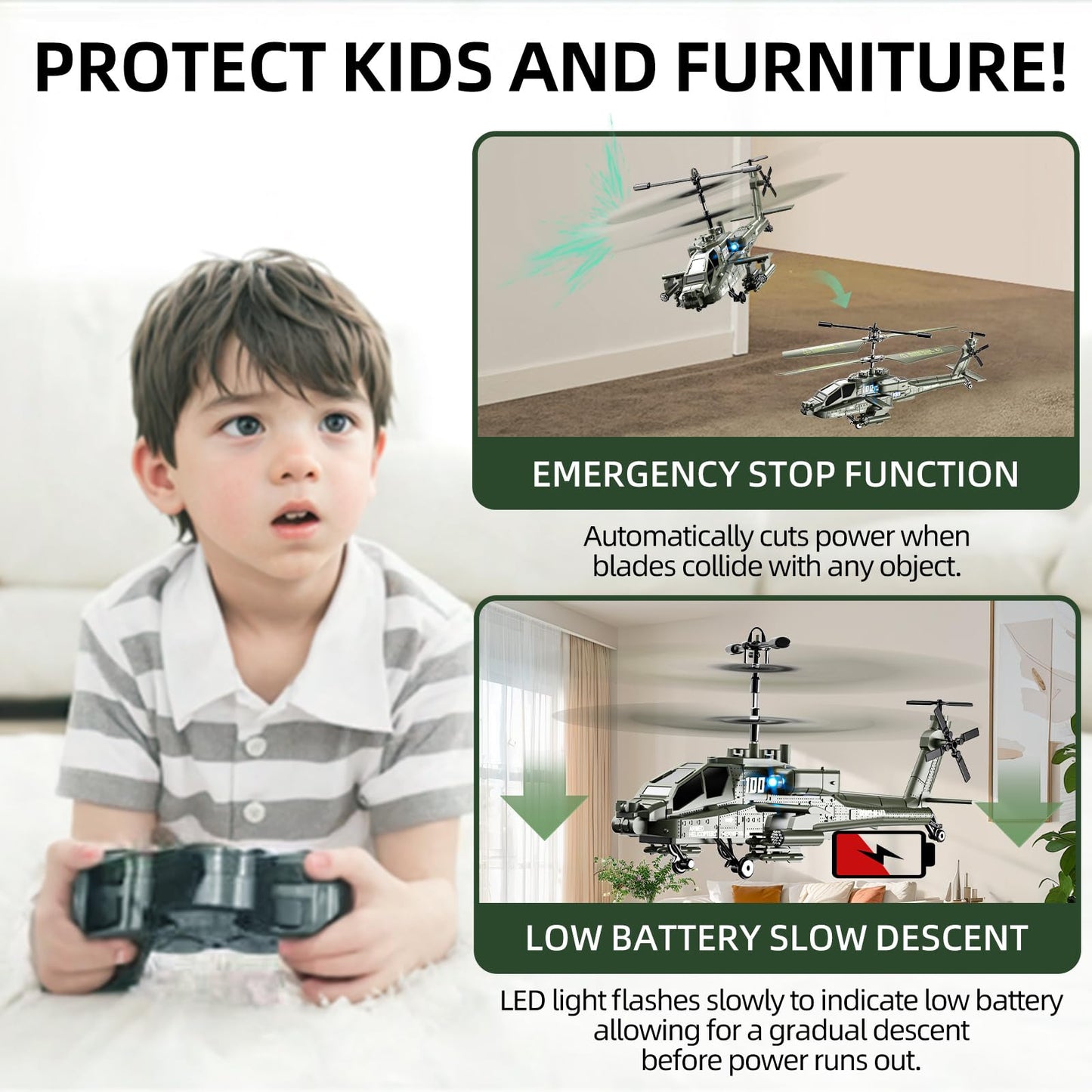 Remote Control Military Flying Helicopter Toy 2.4GHz, 3.5 Channels, Gyro & LED Light, Altitude Hold, RC Helicopters for Kids Adults Beginner (Silvery)