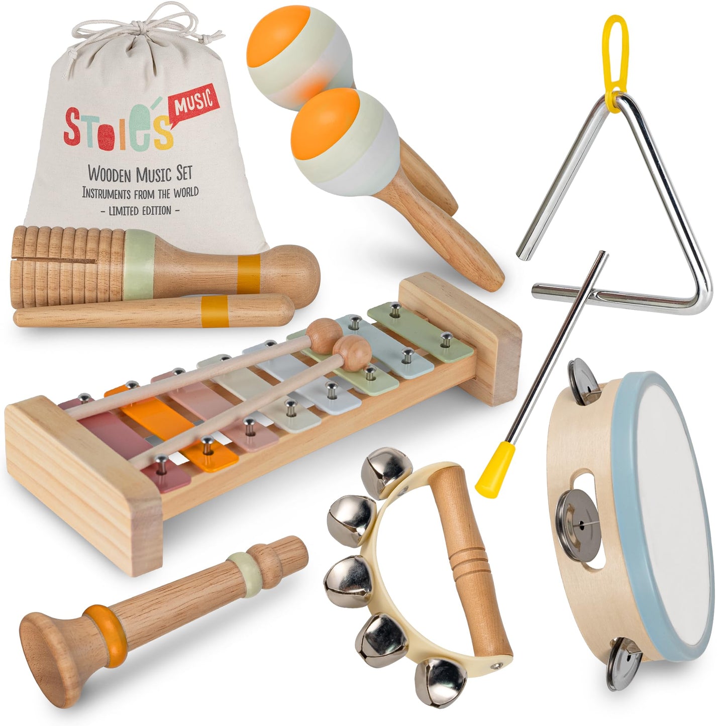 Stoie's Wooden Kids Musical Instruments for 3-9 Years Old, with Drum, Hand Bells, Flute, Maracas, Castanet, Tamburine, for Babies and Toddlers, Durable, Safe, Montessori Educational Toy, Storage Bag