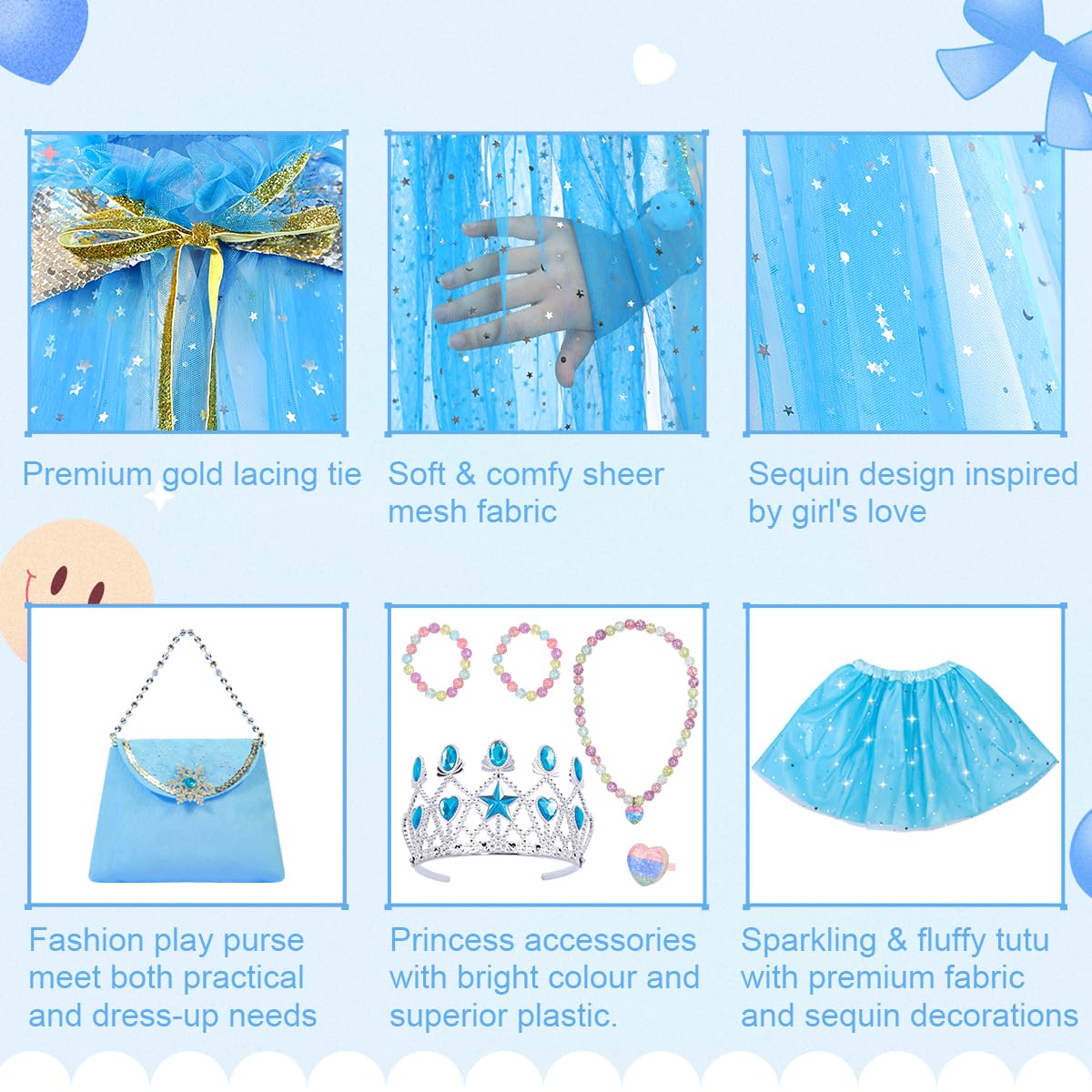 Meland Princess Dress up Clothes for Little Girl, 11Pcs Princess Cape with Crown, Princess Dresses for Girl 3-8 Birthday Gift