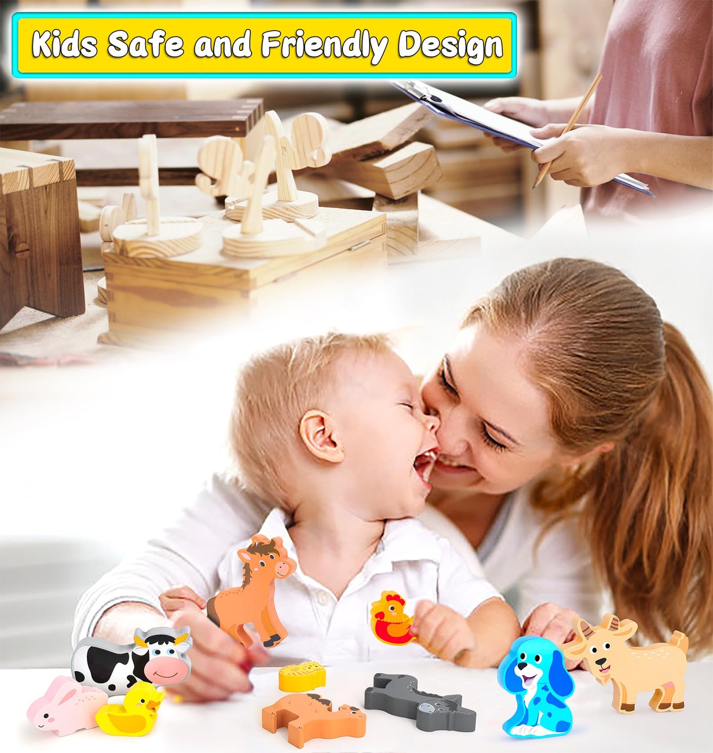 Wooden Animal Puzzles Toys for Toddlers,24 Pcs Farm and Safari Animal Figures,Animal Matching Sorting Stacking Toys for Boys Child Girls,Educational Learning Toys Gift for Kids