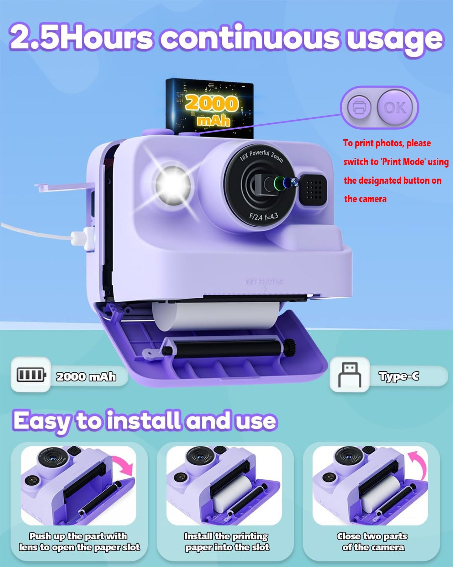 Kids Camera Instant Print,1080P Kids Instant Cameras That Print Photos,Christmas Birthday Gifts for Girls Age 3-12,Portable Toy for 3 4 5 6 7 8 9 10 Year Old Girls Boys Pink