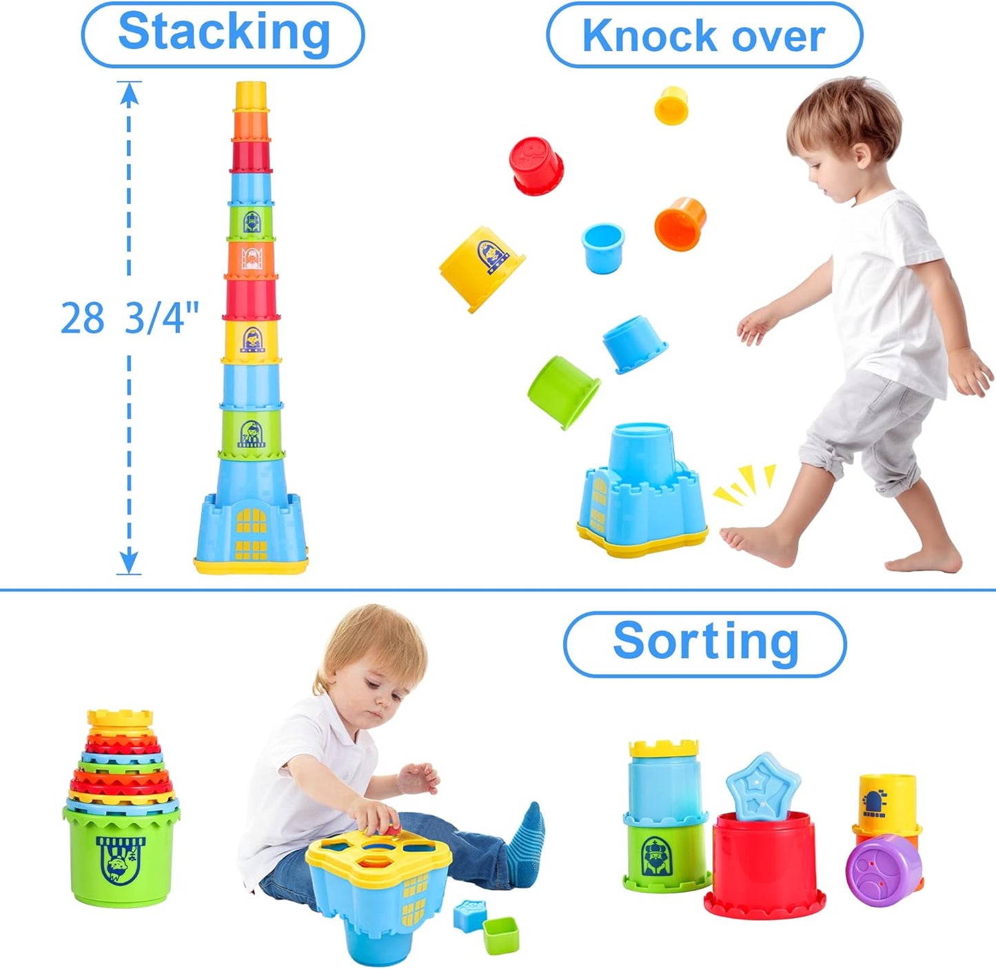 iPlay, iLearn Baby Stacking Toys, Toddler Nesting Stack Cups, Infant Stackable Block, Kids Sorting Game W/Shape Sorter for Sand Bath, Birthday Gift for 12 18 24 Month 1 2 3 Year Old Boys Girls