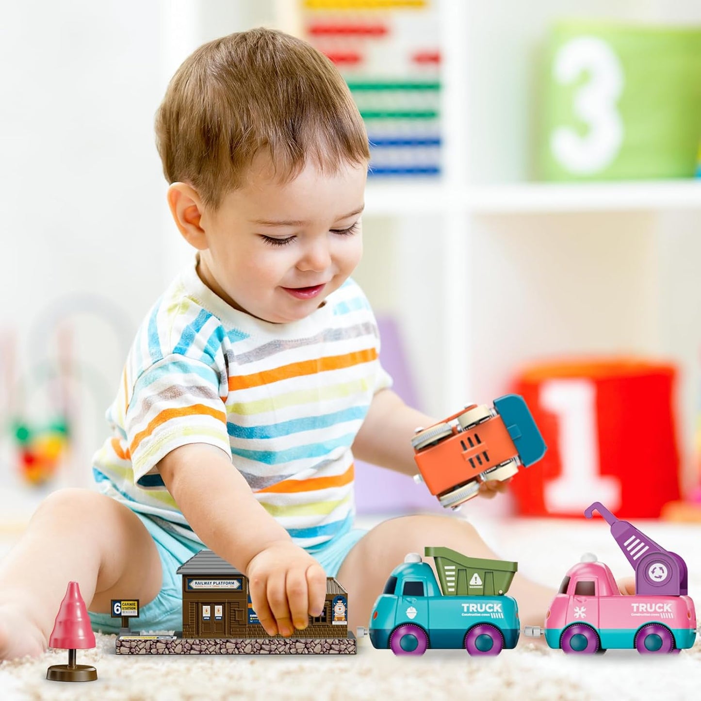 Train Set for Toddlers, Magnetic Train Toys for Toddlers 3+, 4pcs Trucks Toy Train for Boys and Girls, Birthday Christmas Toy Gifts for 3 4 5 6 7 8 Years Old