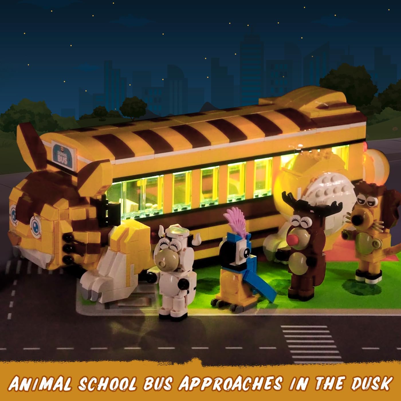 HOGOKIDS Cat School Bus Building Set with Light - 1319PCS City Bus Adventure Building Toy with 6 Animals & Station, Creative Cute Lion Parrots Elk Dairy Cow Tiger Blocks Playset Surprise Gift for Kids