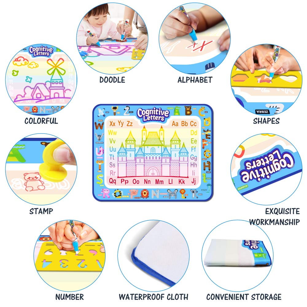 Jasonwell Aqua Water Doodle Mat 31x31 Inches Large Magic Drawing Doodling Mat Coloring Mat Educational Toys Christmas Birthday Gifts for Kids Toddler Boys Girls Age 2 3 4 5 6 7 8 Year Old (Alphabet)