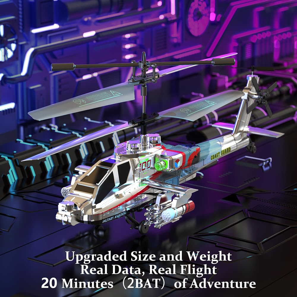 Remote Control Military Flying Helicopter Toy 2.4GHz, 3.5 Channels, Gyro & LED Light, Altitude Hold, RC Helicopters for Kids Adults Beginner (Silvery)