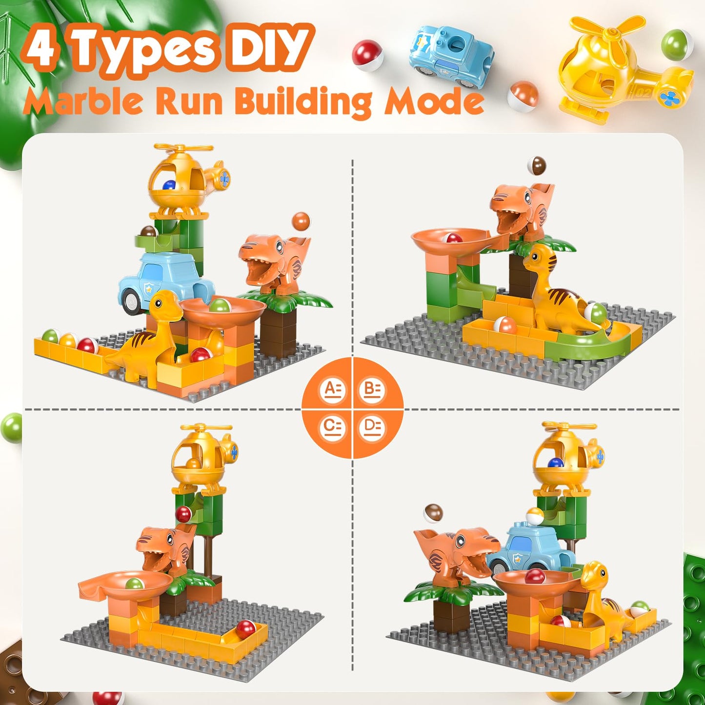 Marble Runs for Kids 4-8,Marble Run for Kids Ages 3-5 with Dinosaur Building Blocks,Dinosaur Toys,STEM Building Toys with 4 Marble Track Compatible with Major Brands