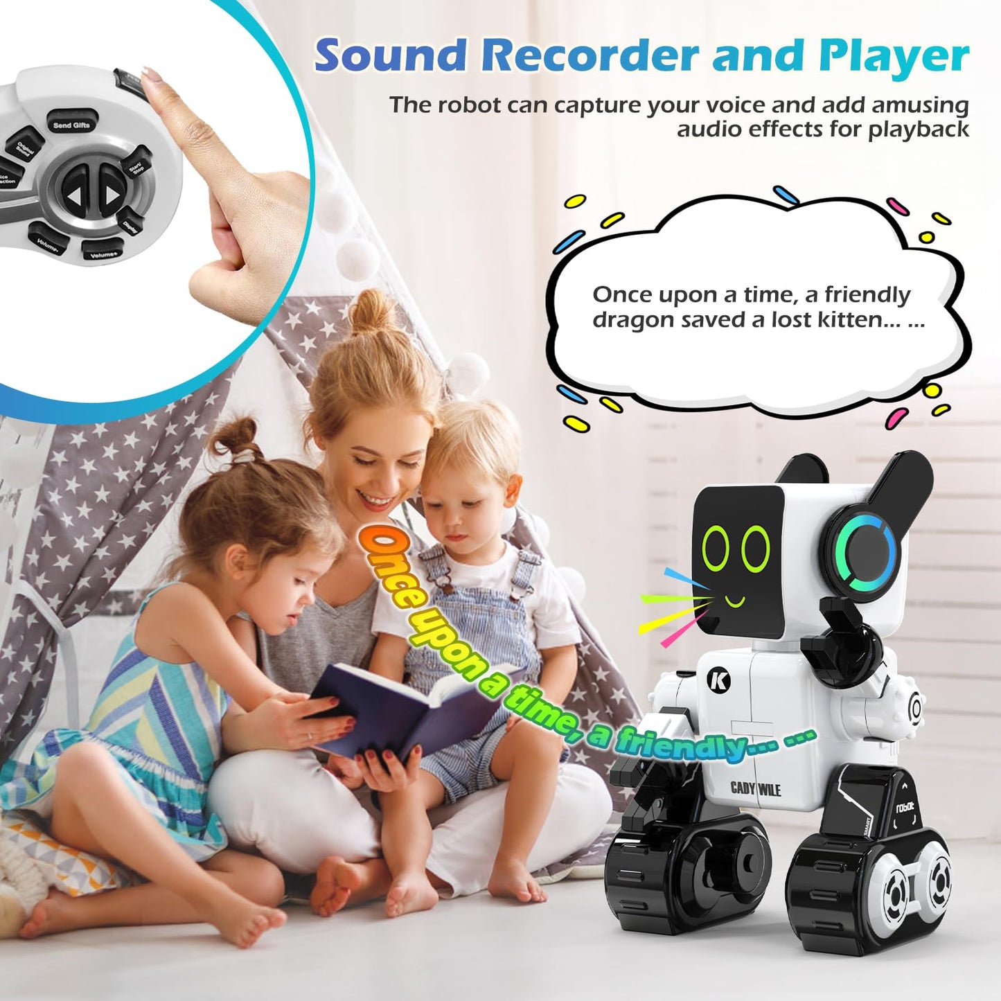 Rechargeable RC Robot Toy for Kids - Interactive Intelligent LED Light, Speaks, Dances, Built-in Coin Bank (White)