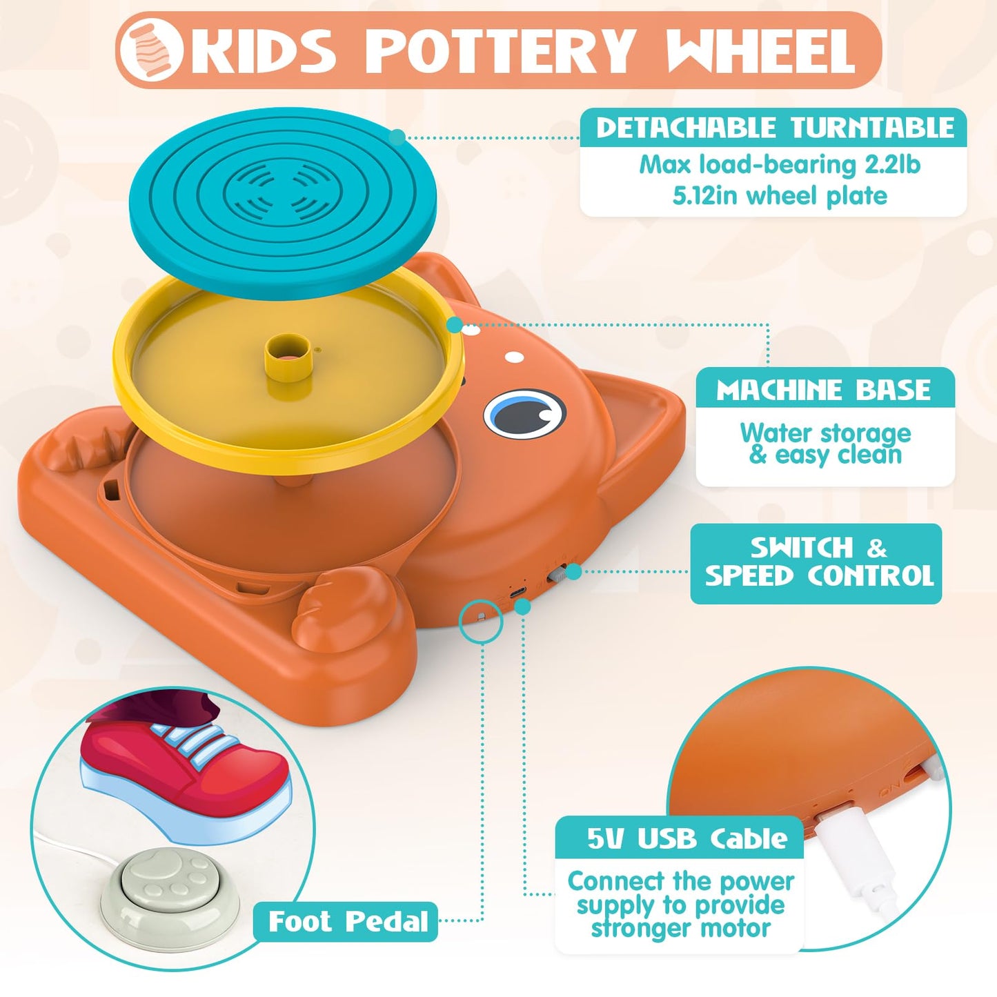 Pottery Wheel for Kids - Complete Pottery Painting Kit Arts and Crafts for Kids Ages 8-12 with 3 Pack Air Dry Clay Art Supplies Toys for Girls Boy Birthday Gift for 6 7 8 9 10 11 12+