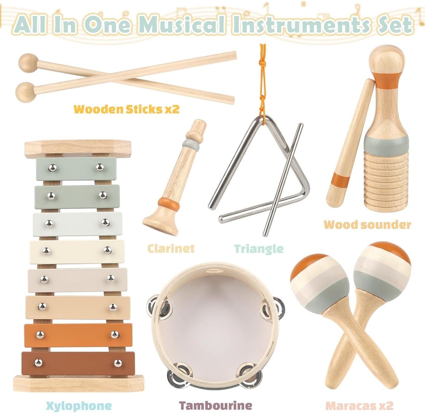 Musical Instruments - 6 in 1 Wooden Musical Toys for 2 3 Year Old Boy & Girls Birthday Gifts, Neutral Colors with Modern Boho Xylophone for Toddler Preschool Educational Toy for Baby 18+ Months