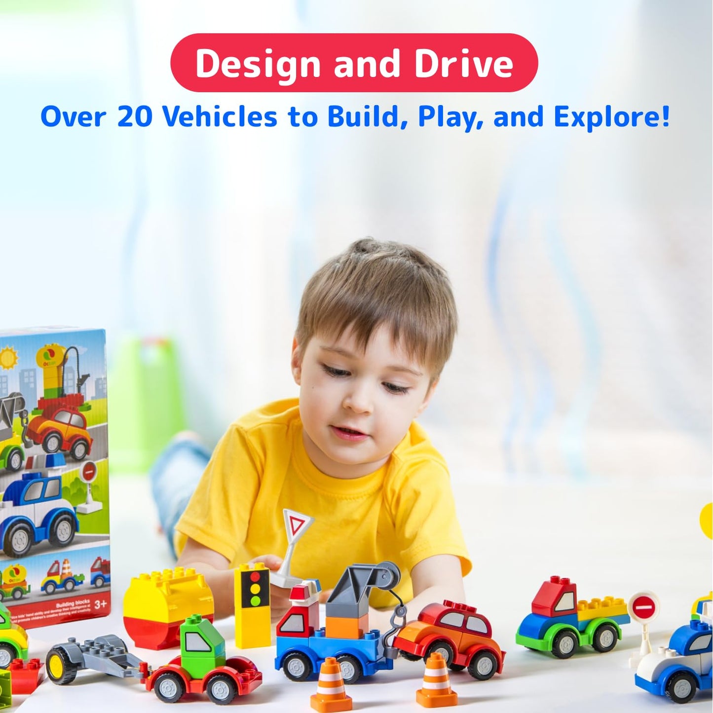PREXTEX Building Toys for Toddlers - 60-Piece Building Blocks for Toddlers to Build Cars and Trucks - Easy-Grip, Child-Safe Design for 3 up - Creative STEM Learning and Fine Motor Skill Development