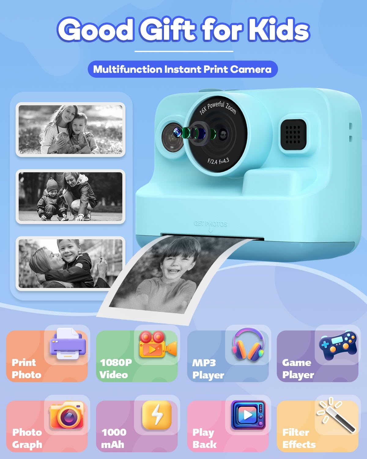 Kids Camera Instant Print,1080P Kids Instant Cameras That Print Photos,Christmas Birthday Gifts for Girls Age 3-12,Portable Toy for 3 4 5 6 7 8 9 10 Year Old Girls Boys Pink