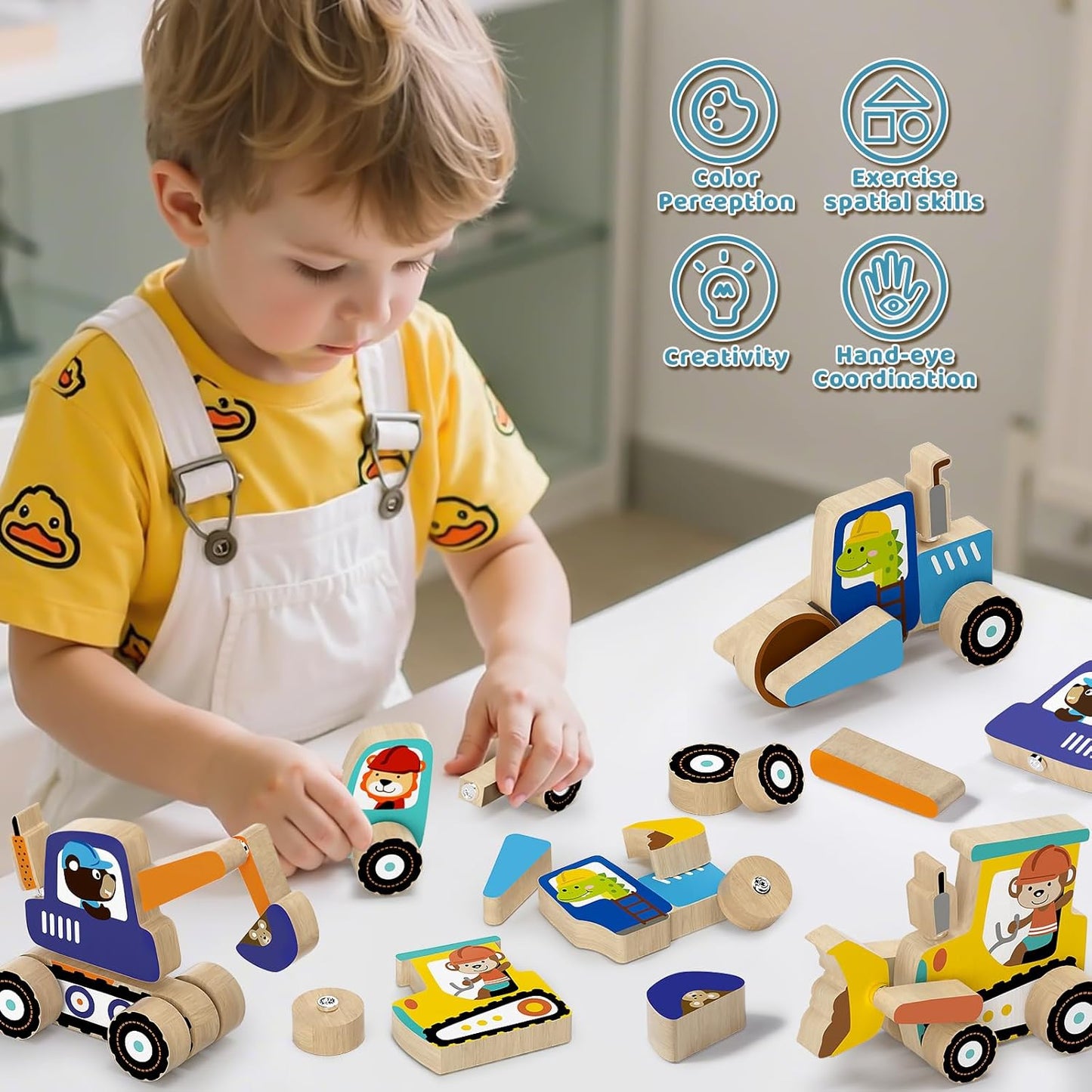 Lehoo Castle Montessori Toys for 3 Year Old, Take Apart Construction Truck STEM Toy for 3-4 3-5 4-5 Year Old Boys, Snap Together Wooden Educational Learning Building Toys Gift for Toddlers