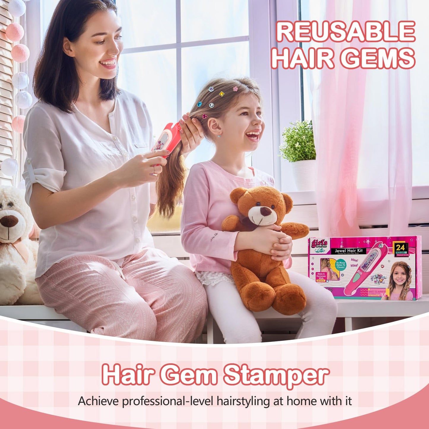 Hair Gem Stamper Kit, Bling Hair Jewels for Girls Toys, Hair Styling Tool with Reusable Shining Diamonds, Birthday Gifts Toys for Girls