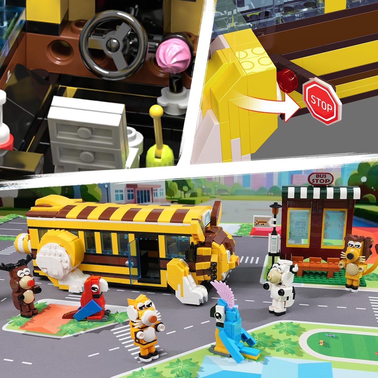 HOGOKIDS Cat School Bus Building Set with Light - 1319PCS City Bus Adventure Building Toy with 6 Animals & Station, Creative Cute Lion Parrots Elk Dairy Cow Tiger Blocks Playset Surprise Gift for Kids