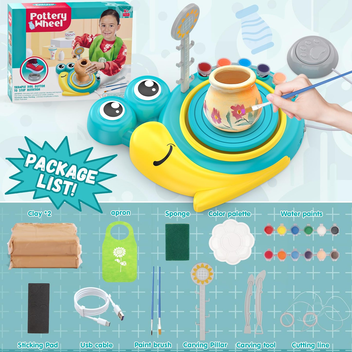 Pottery Wheel for Kids - Complete Pottery Painting Kit Arts and Crafts for Kids Ages 8-12 with 3 Pack Air Dry Clay Art Supplies Toys for Girls Boy Birthday Gift for 6 7 8 9 10 11 12+