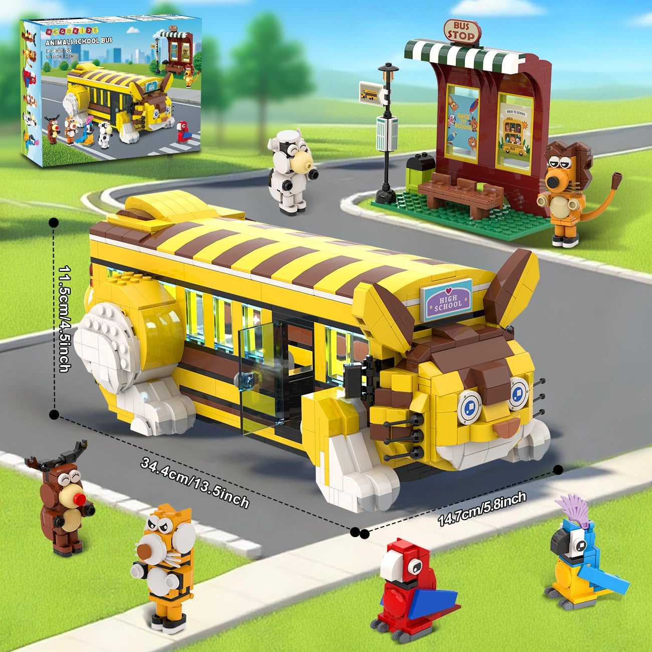 HOGOKIDS Cat School Bus Building Set with Light - 1319PCS City Bus Adventure Building Toy with 6 Animals & Station, Creative Cute Lion Parrots Elk Dairy Cow Tiger Blocks Playset Surprise Gift for Kids