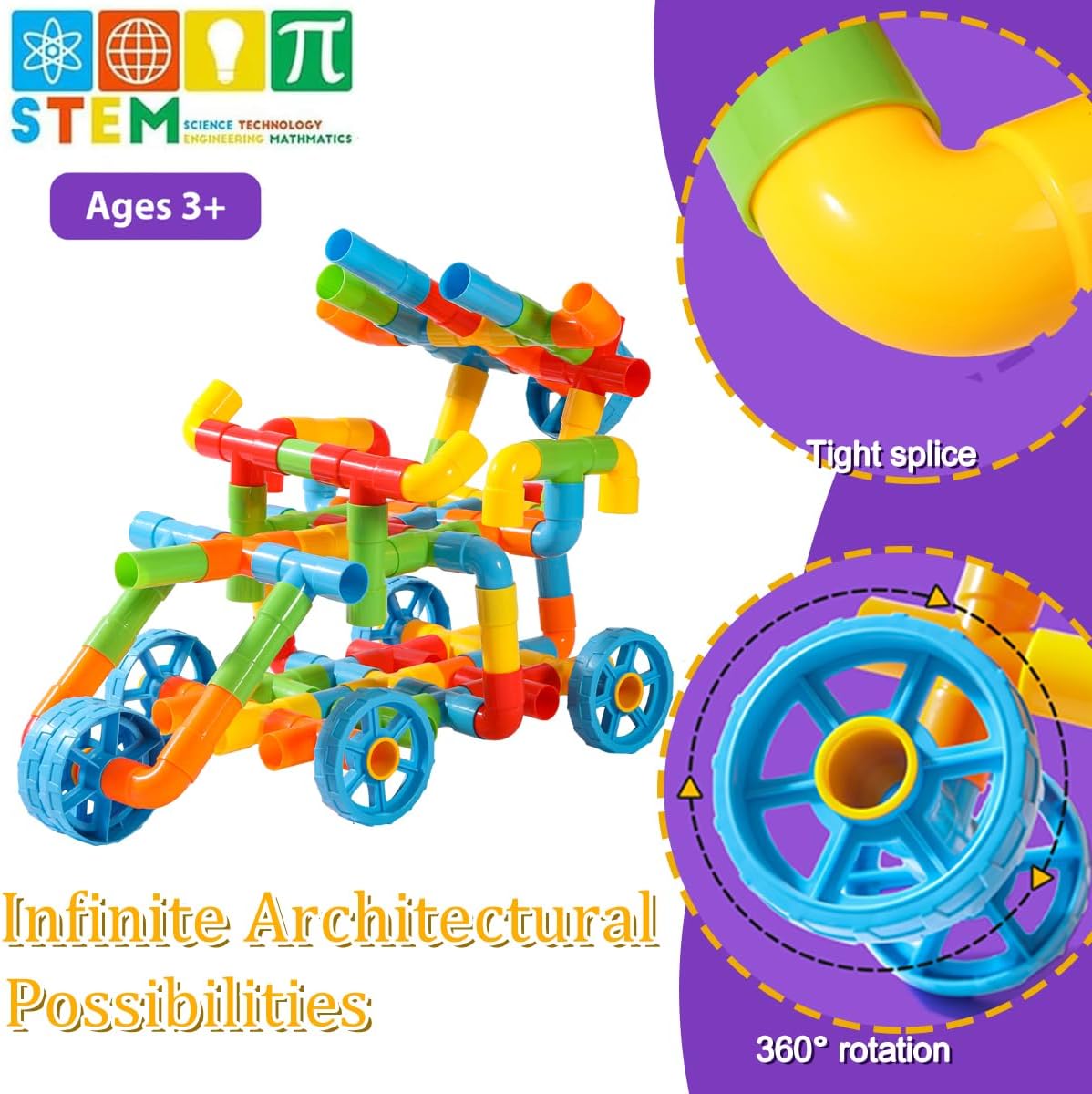 RAINBOW TOYFROG Fun Plus Size 156 Piece Pipe Building Blocks Set for Kids 4-8, Toddlers, Daycare - Educational STEM Interlocking Pipes, Tubes, Construction Blocks. Makes Variety of Cars & Push Toys
