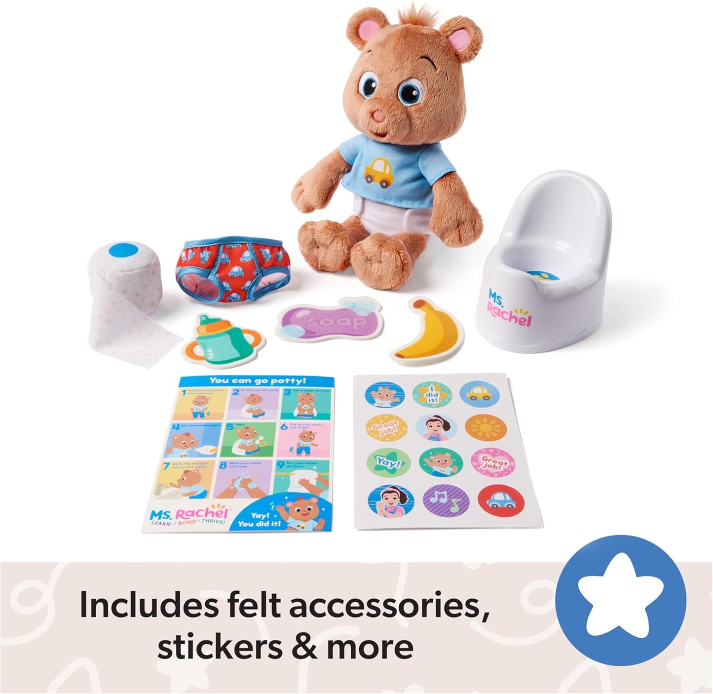 Ms. Rachel Potty Time with Bean, 11” Plush Teddy Bear with Play Toilet & Accessories, Toddler Toys for Girls & Boys for Ages 18 Months to 3+