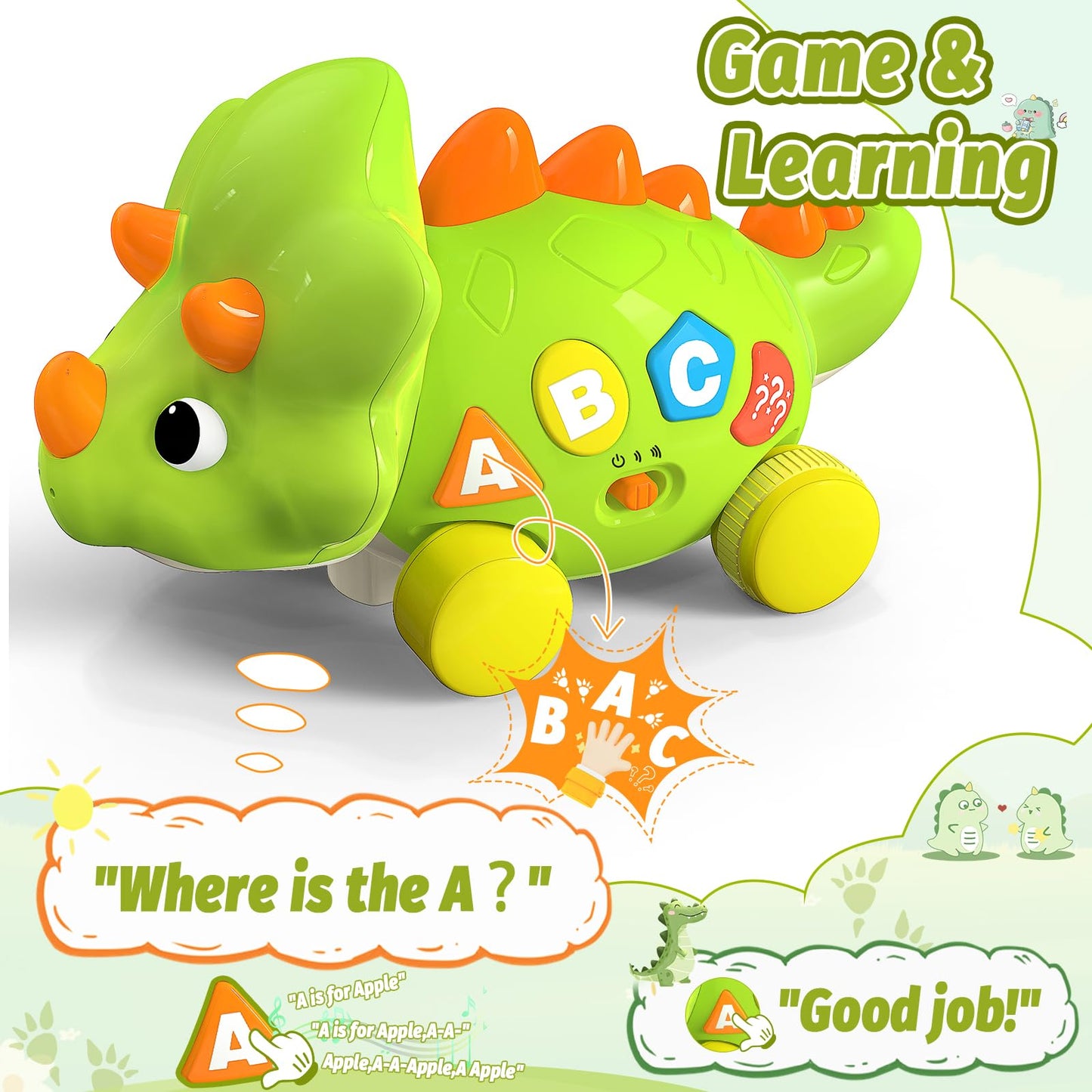 Baby Toys for 1 Year Old Boy Girl - Bilingual Musical Dinosaur Toy, Touch & Go Musical Light Crawling Educational Learning Toys for Toddlers 1-3, Christmas Birthday Gifts