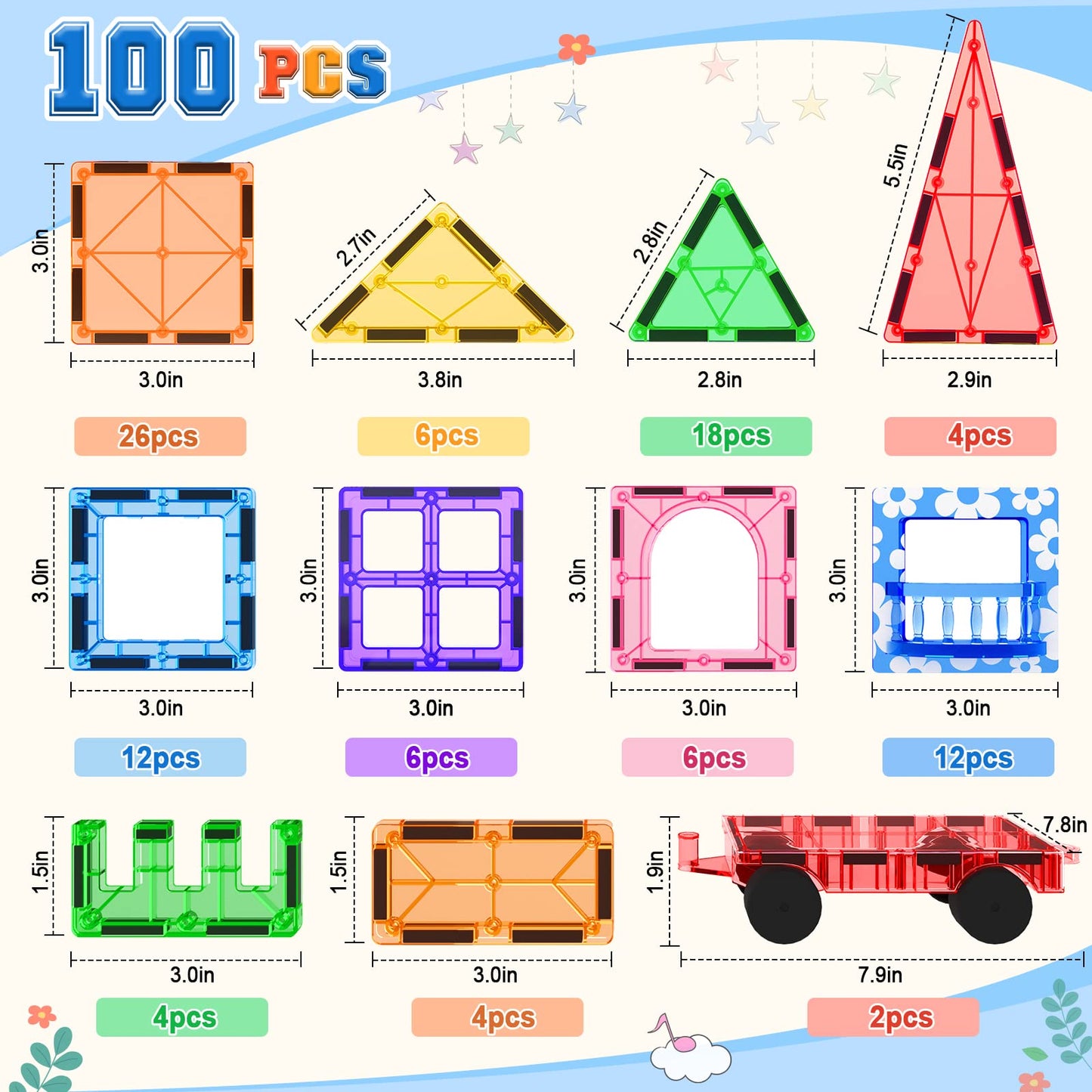 100PCS Magnetic Tiles STEM Building Toys Set
