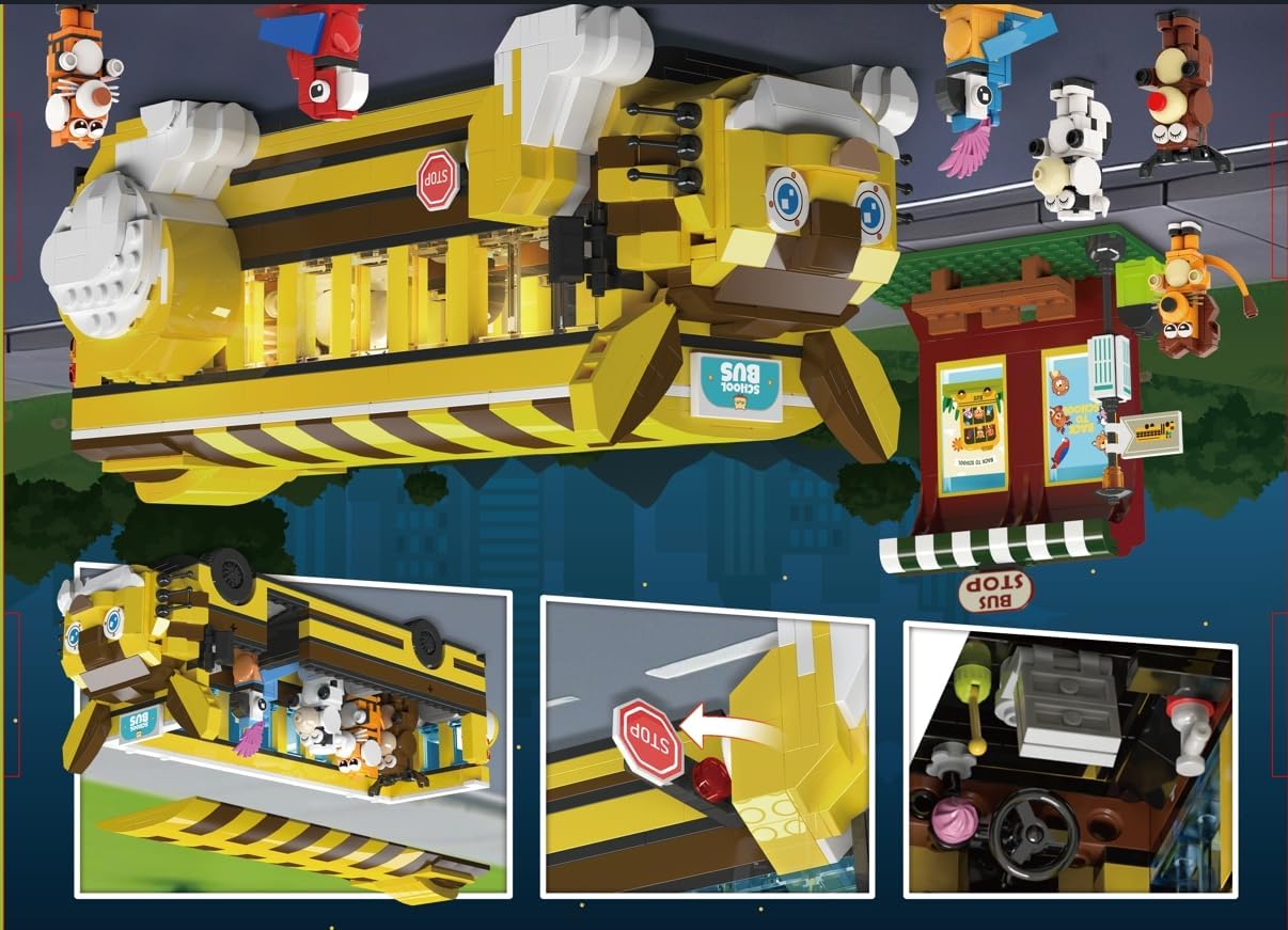 HOGOKIDS Cat School Bus Building Set with Light - 1319PCS City Bus Adventure Building Toy with 6 Animals & Station, Creative Cute Lion Parrots Elk Dairy Cow Tiger Blocks Playset Surprise Gift for Kids