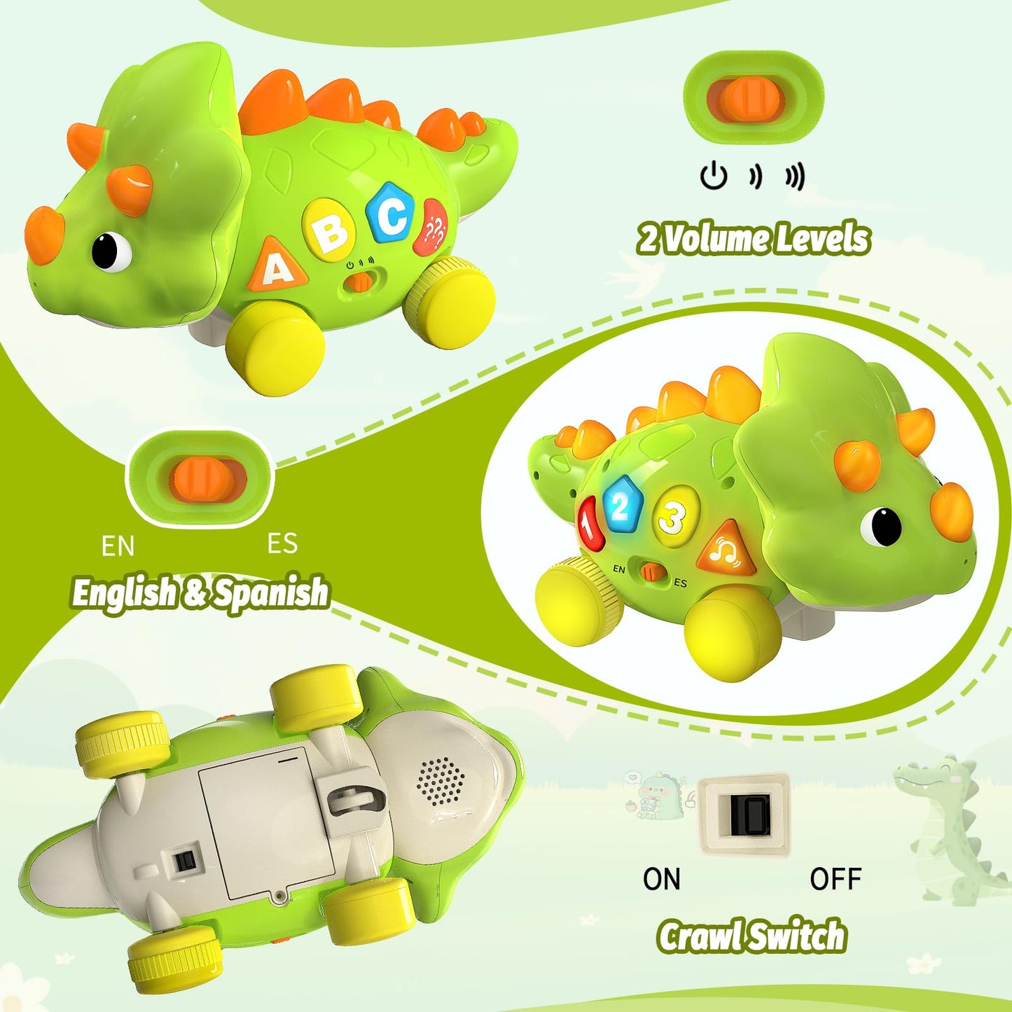 Baby Toys for 1 Year Old Boy Girl - Bilingual Musical Dinosaur Toy, Touch & Go Musical Light Crawling Educational Learning Toys for Toddlers 1-3, Christmas Birthday Gifts