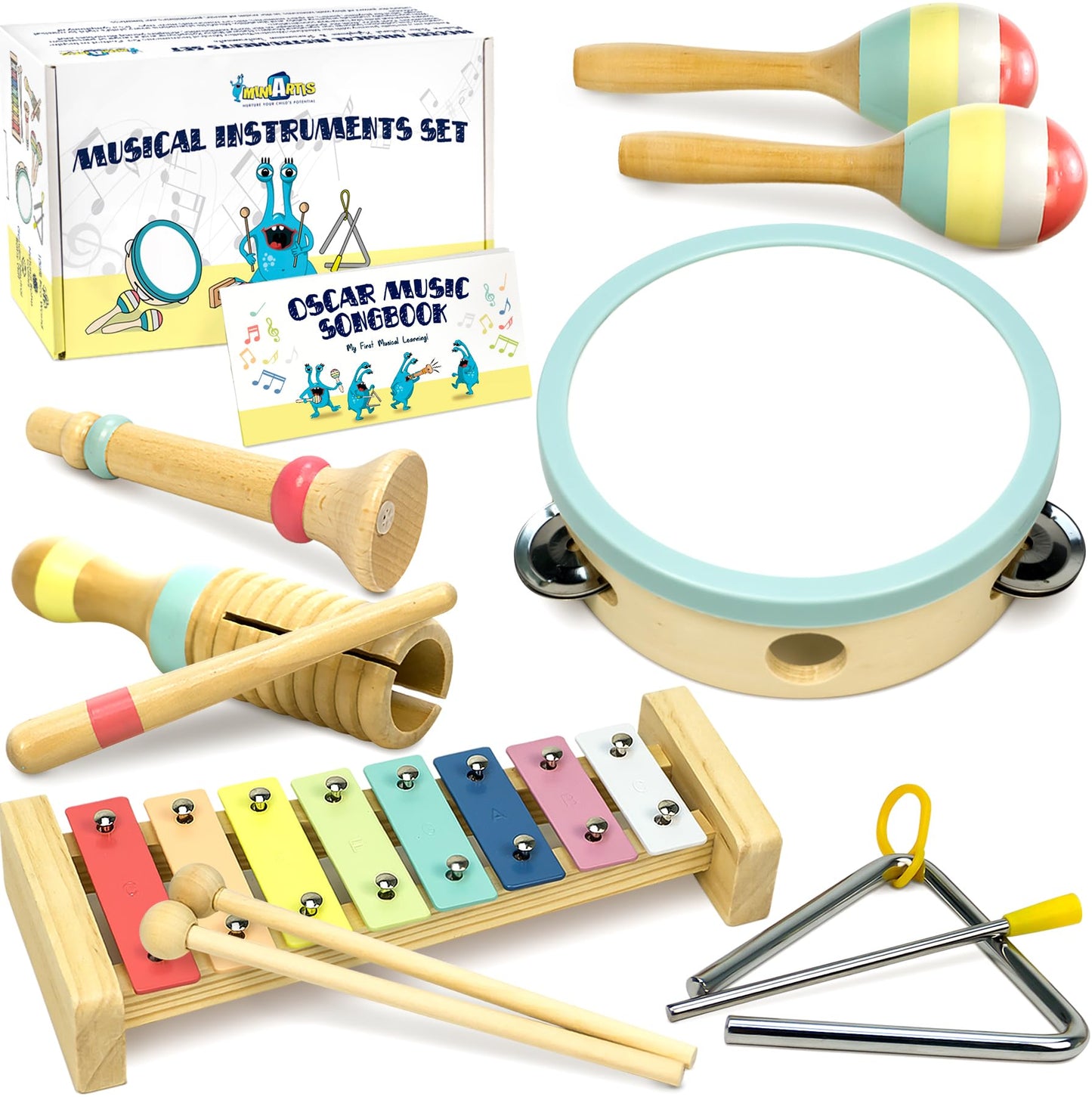 MINIARTIS Toddler Musical Instruments - Montessori Wooden Musical Toys for Toddlers 1-3 | Modern Boho Baby Drum Set with Neutral Colors Percussion Instruments | Kids Preschool Educational 3+