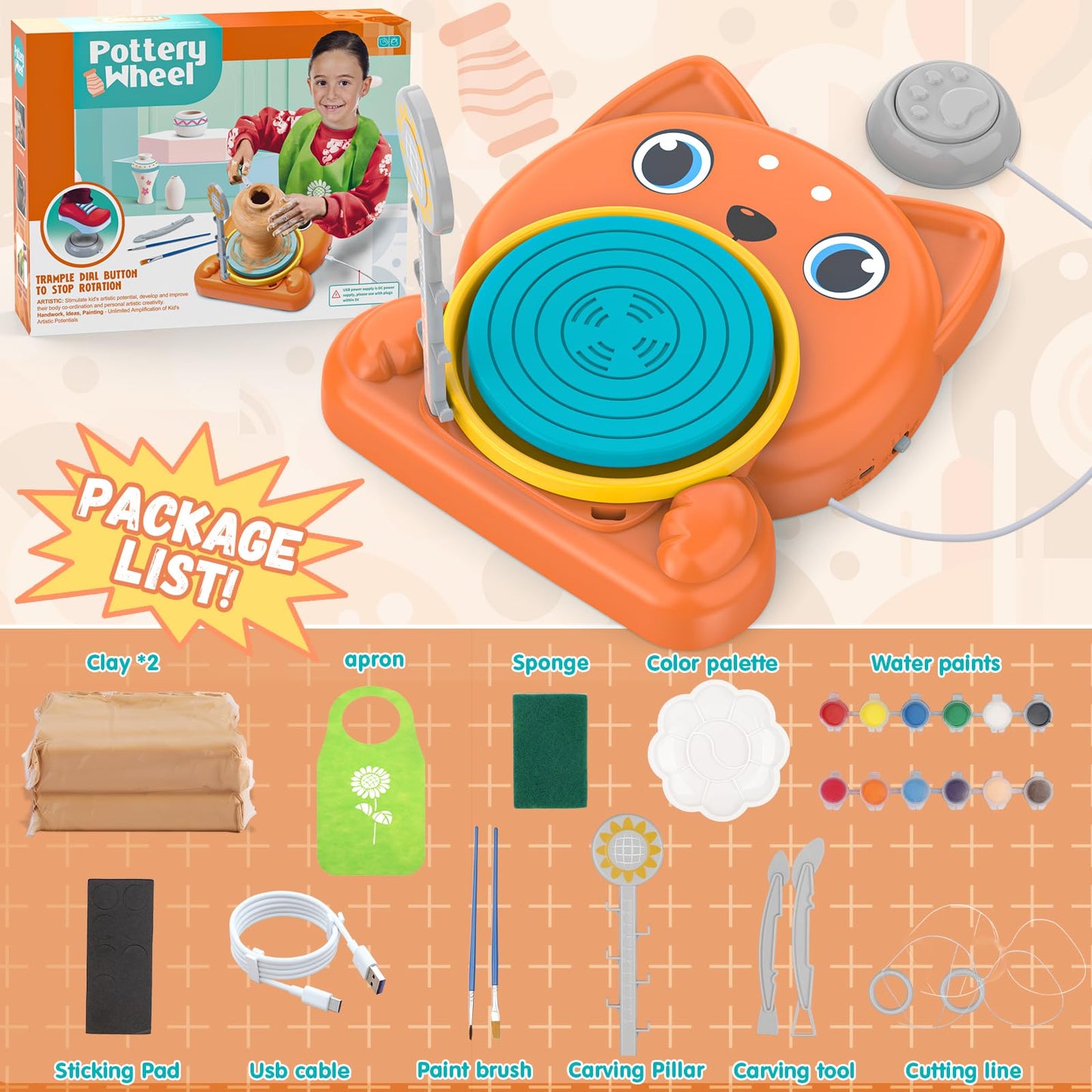 Pottery Wheel for Kids - Complete Pottery Painting Kit Arts and Crafts for Kids Ages 8-12 with 3 Pack Air Dry Clay Art Supplies Toys for Girls Boy Birthday Gift for 6 7 8 9 10 11 12+