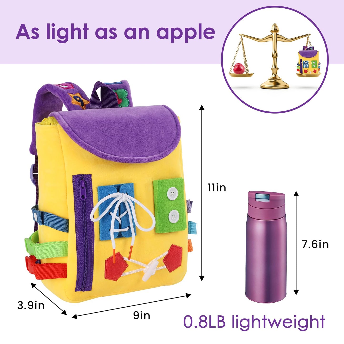 Busy Board - Toddler Backpack with Buckles and Learning Activity Toys - Develop Fine Motor Skills and Basic Life Skills - Learn to Tie Shoes - Children's Travel Toy