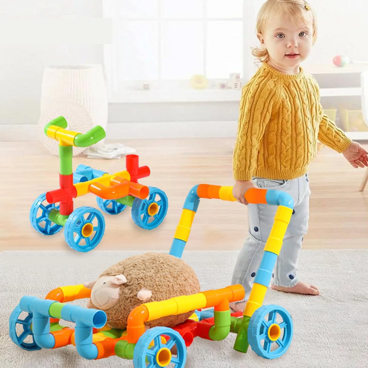 RAINBOW TOYFROG Fun Plus Size 156 Piece Pipe Building Blocks Set for Kids 4-8, Toddlers, Daycare - Educational STEM Interlocking Pipes, Tubes, Construction Blocks. Makes Variety of Cars & Push Toys