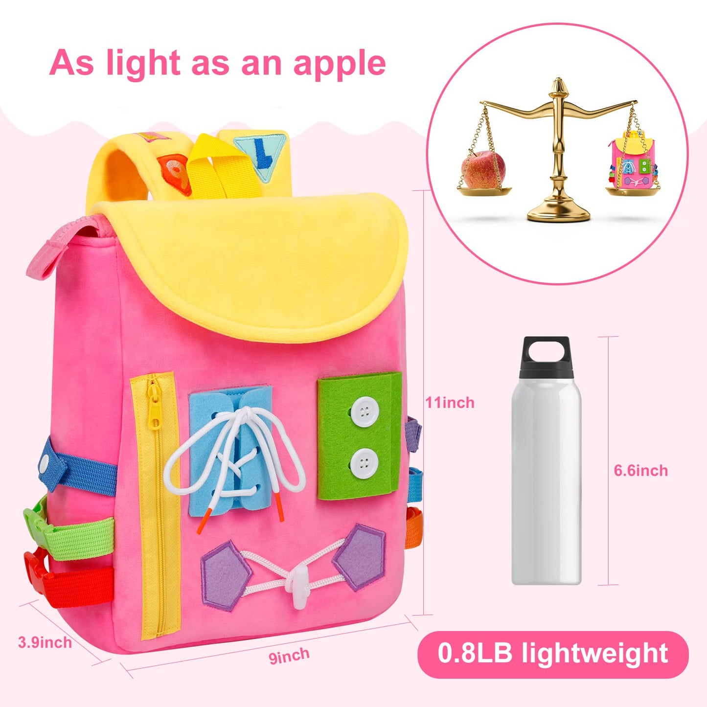 Busy Board - Toddler Backpack with Buckles and Learning Activity Toys - Develop Fine Motor Skills and Basic Life Skills - Learn to Tie Shoes - Children's Travel Toy
