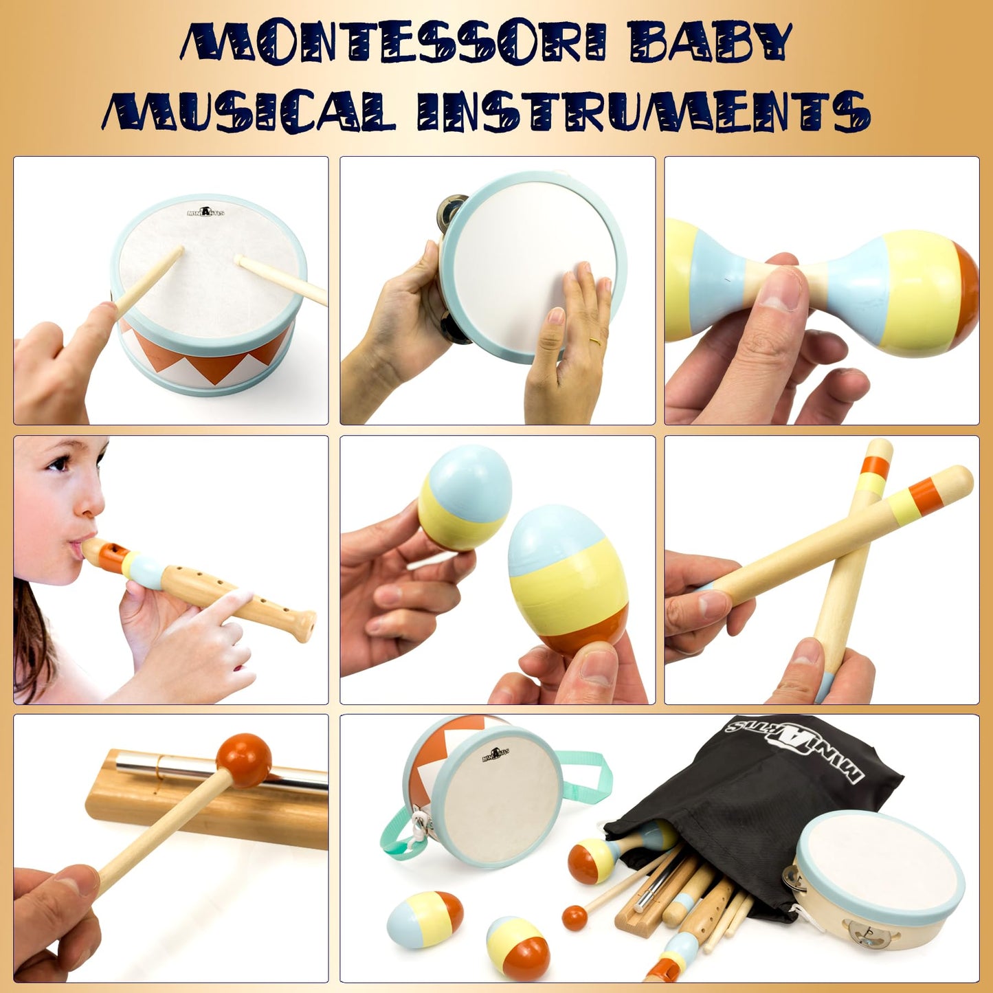 MINIARTIS Toddler Musical Instruments - Montessori Wooden Musical Toys for Toddlers 1-3 | Modern Boho Baby Drum Set with Neutral Colors Percussion Instruments | Kids Preschool Educational 3+