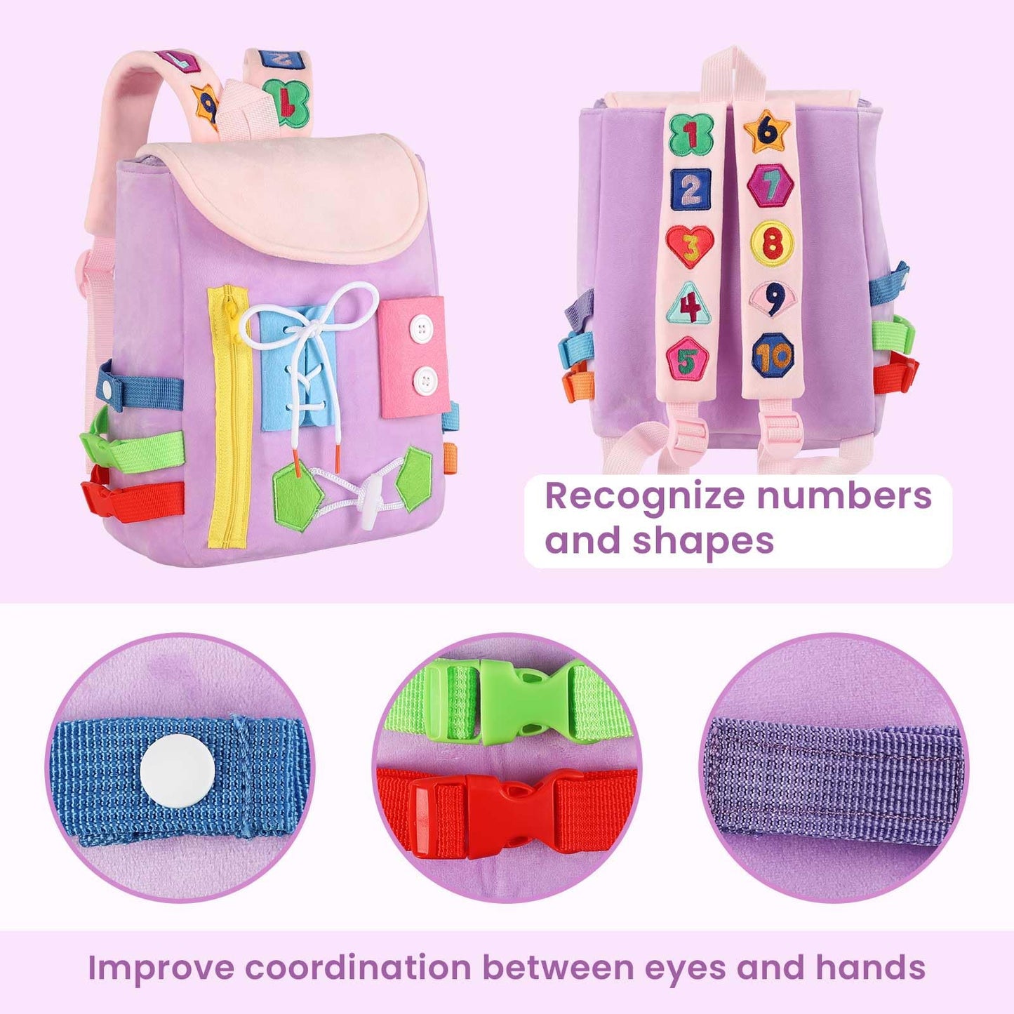 Busy Board - Toddler Backpack with Buckles and Learning Activity Toys - Develop Fine Motor Skills and Basic Life Skills - Learn to Tie Shoes - Children's Travel Toy