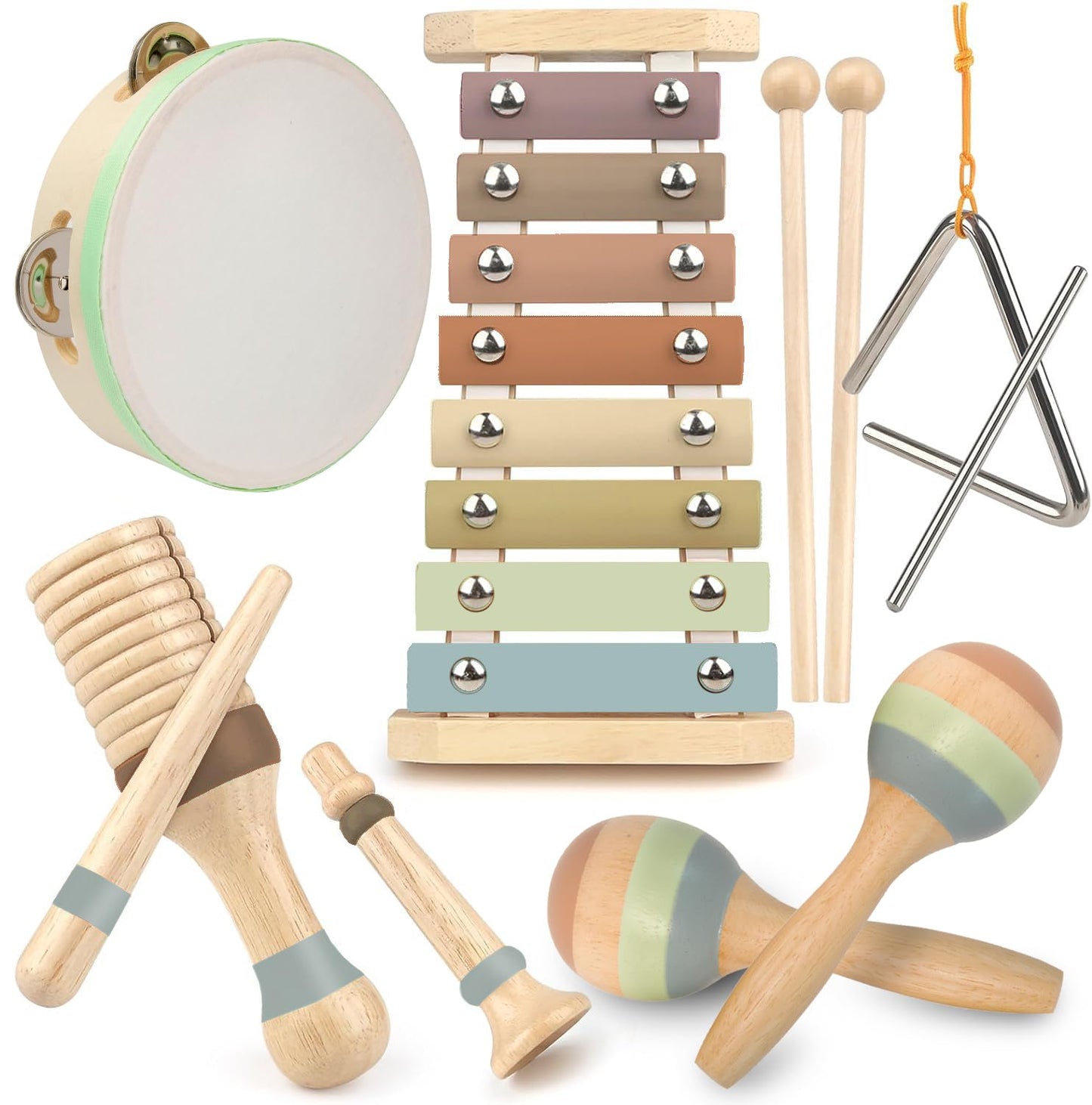 Stoie's Wooden Kids Musical Instruments for 3-9 Years Old, with Drum, Hand Bells, Flute, Maracas, Castanet, Tamburine, for Babies and Toddlers, Durable, Safe, Montessori Educational Toy, Storage Bag