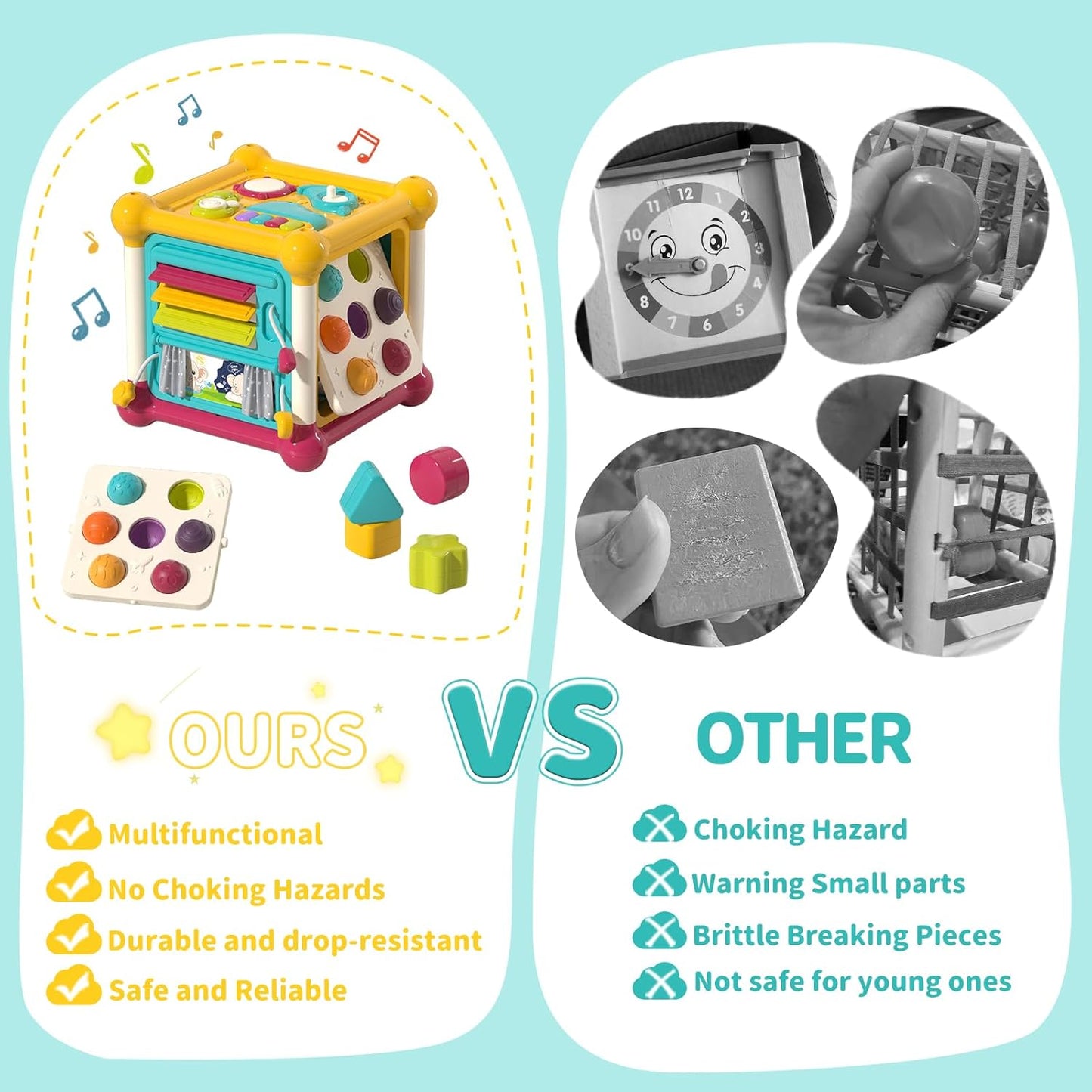 Baby Activity Cube, 6-in-1 Montessori Toys for 1-2 Year Old Boys and Girls, Multi Sensory Shape Blocks, Travel Music Toys for Toddlers 1-3