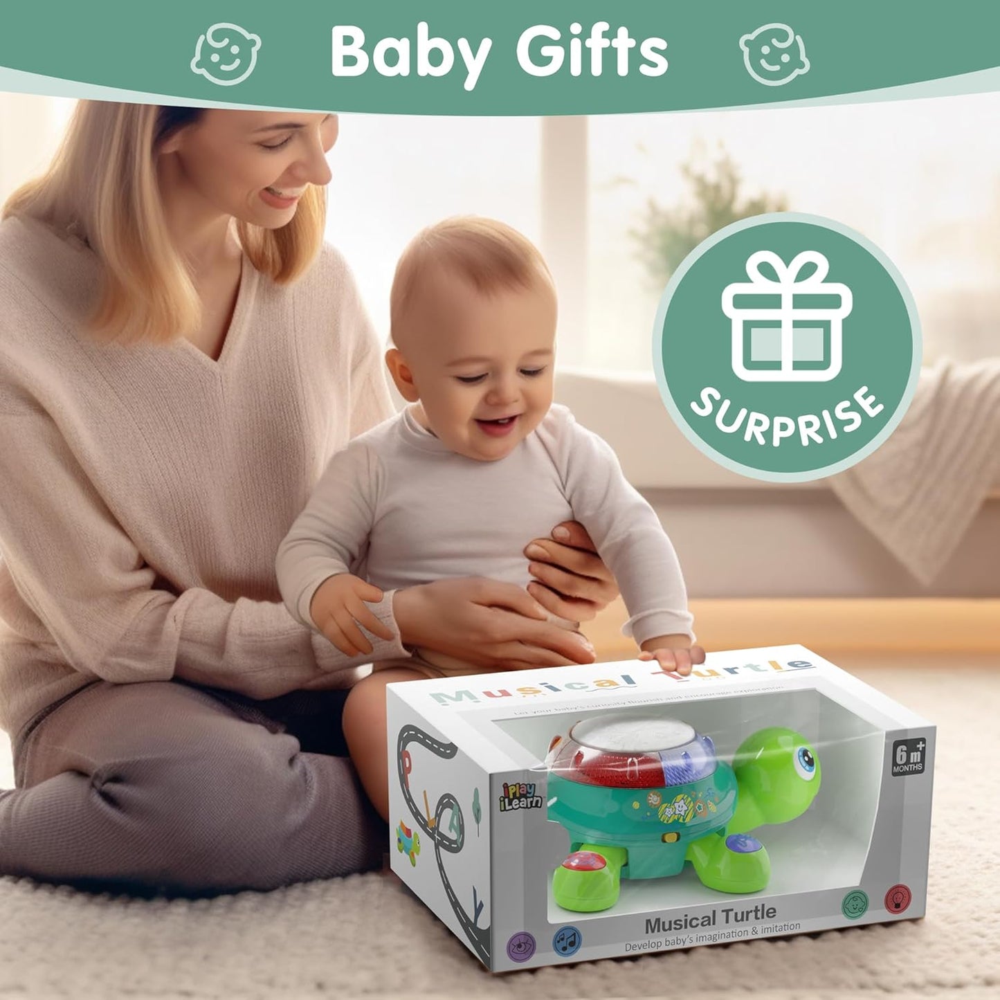 iPlay, iLearn Baby Musical Turtle Toy, Spanish English Bilingual Learning, Toddler Crawling Toys W/ Light & Sound, Infant Development Educational Birthday Gifts 6 7 8 9 10 12 Month 1 Year Old Boy Girl
