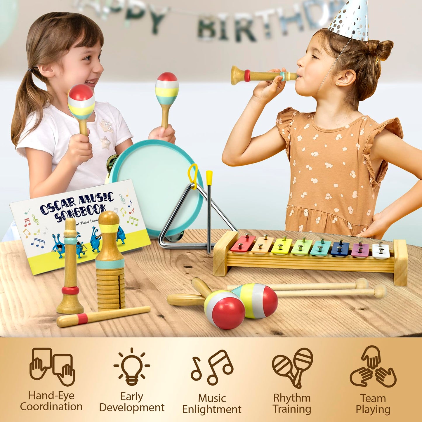 MINIARTIS Toddler Musical Instruments - Montessori Wooden Musical Toys for Toddlers 1-3 | Modern Boho Baby Drum Set with Neutral Colors Percussion Instruments | Kids Preschool Educational 3+