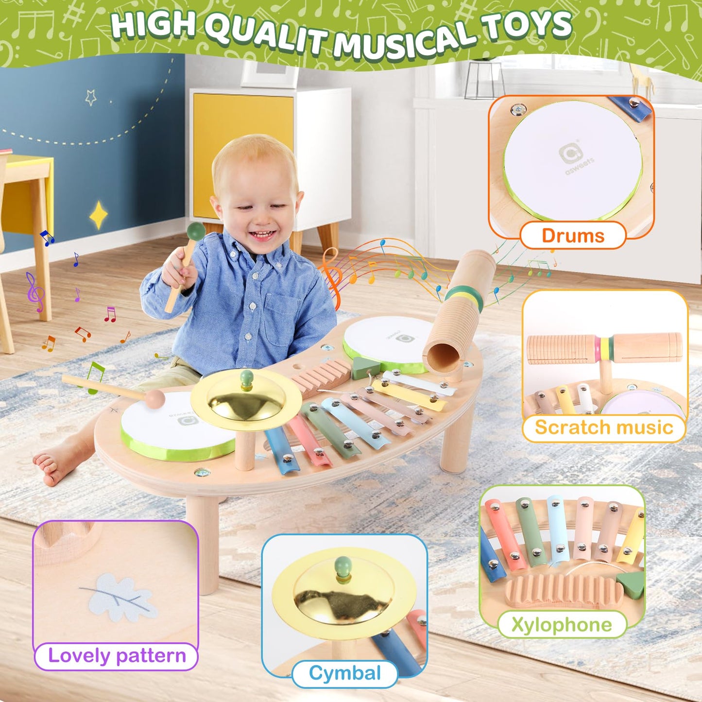 Asweets 7 in 1 Kids Drum Set for Toddlers Wooden Xylophone Musical Instruments Kit Play Set for Toddler Baby Drum Set Montessori Toys Sensory Toys Birthday Gifts for Girls Boys (Cloud)
