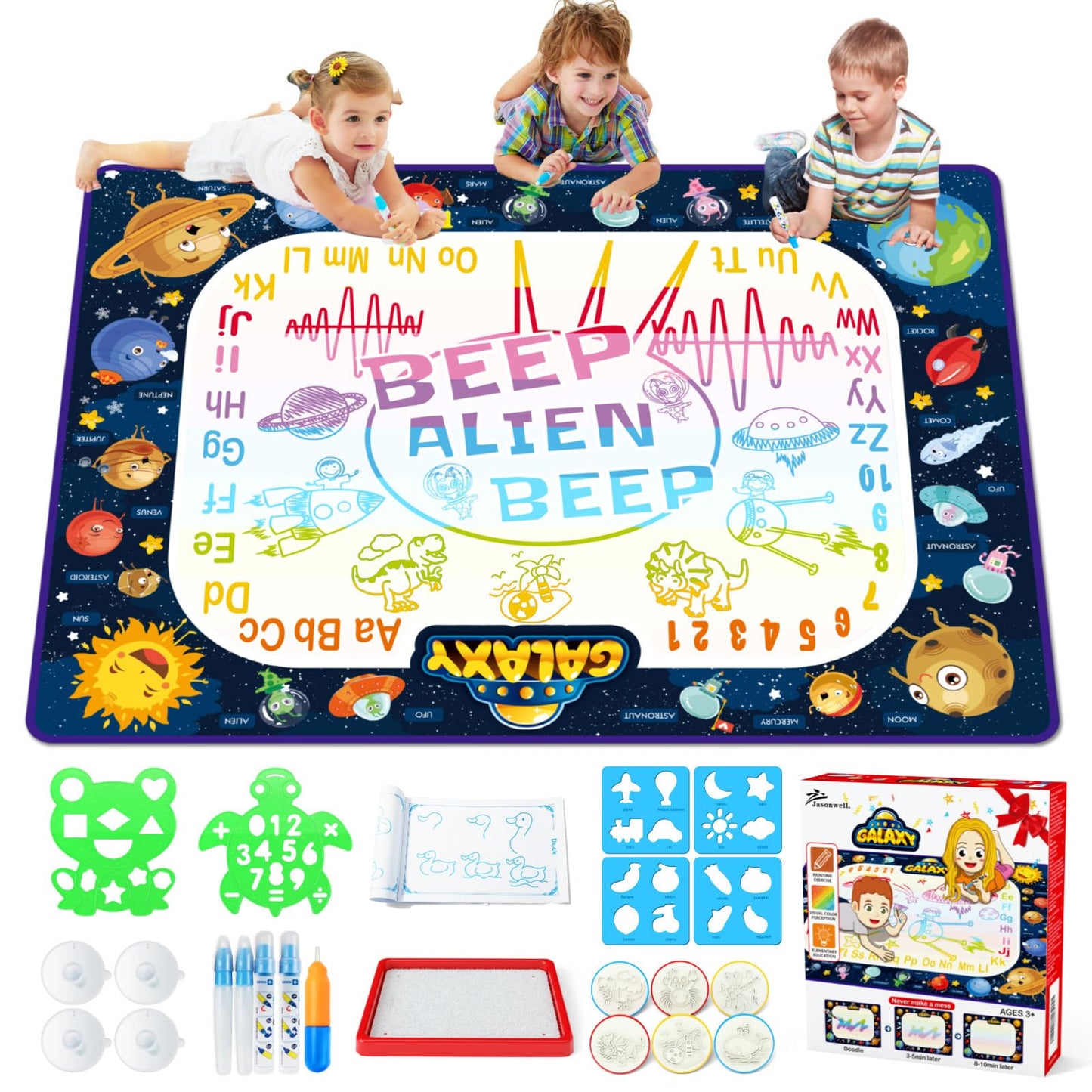 Jasonwell Aqua Water Doodle Mat 31x31 Inches Large Magic Drawing Doodling Mat Coloring Mat Educational Toys Christmas Birthday Gifts for Kids Toddler Boys Girls Age 2 3 4 5 6 7 8 Year Old (Alphabet)