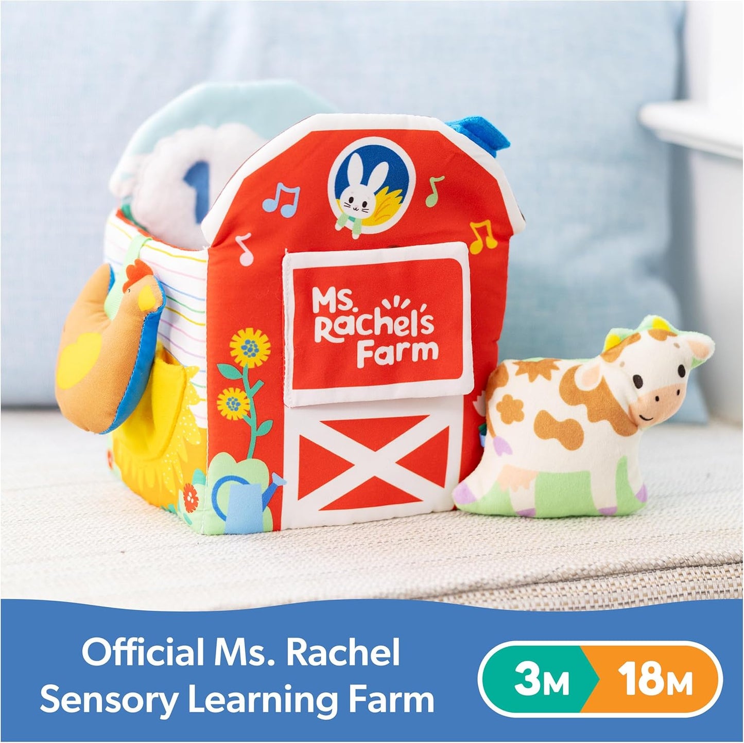 Ms. Rachel Official Sensory Learning Farm, Foldable Soft Baby Book with Plush Cow, Infant Educational Toys for Babies Ages 3 Months to 18 Months