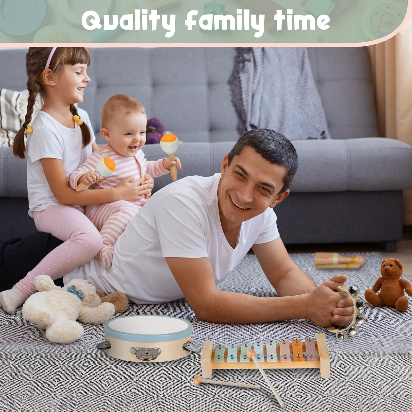 Stoie's Wooden Kids Musical Instruments for 3-9 Years Old, with Drum, Hand Bells, Flute, Maracas, Castanet, Tamburine, for Babies and Toddlers, Durable, Safe, Montessori Educational Toy, Storage Bag
