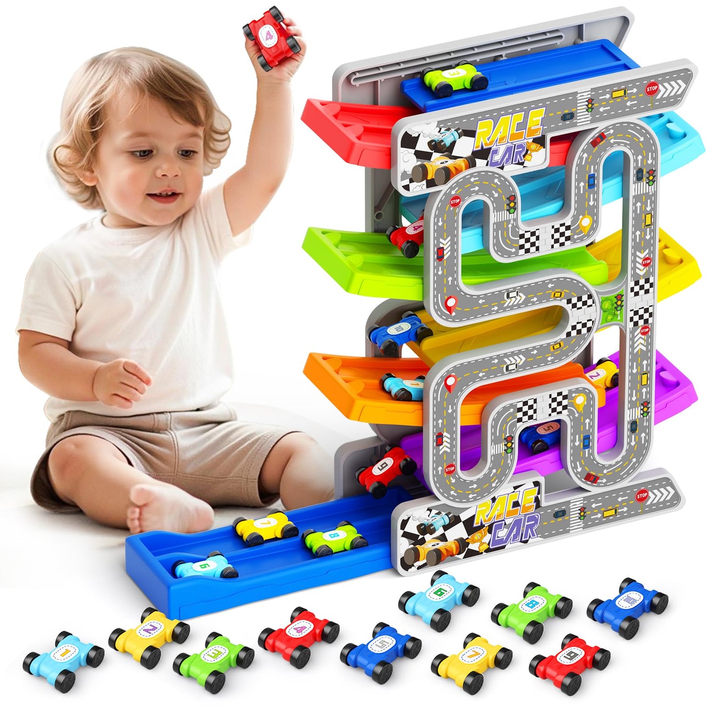 Car Ramp Toys with 6 Cars & Race Tracks