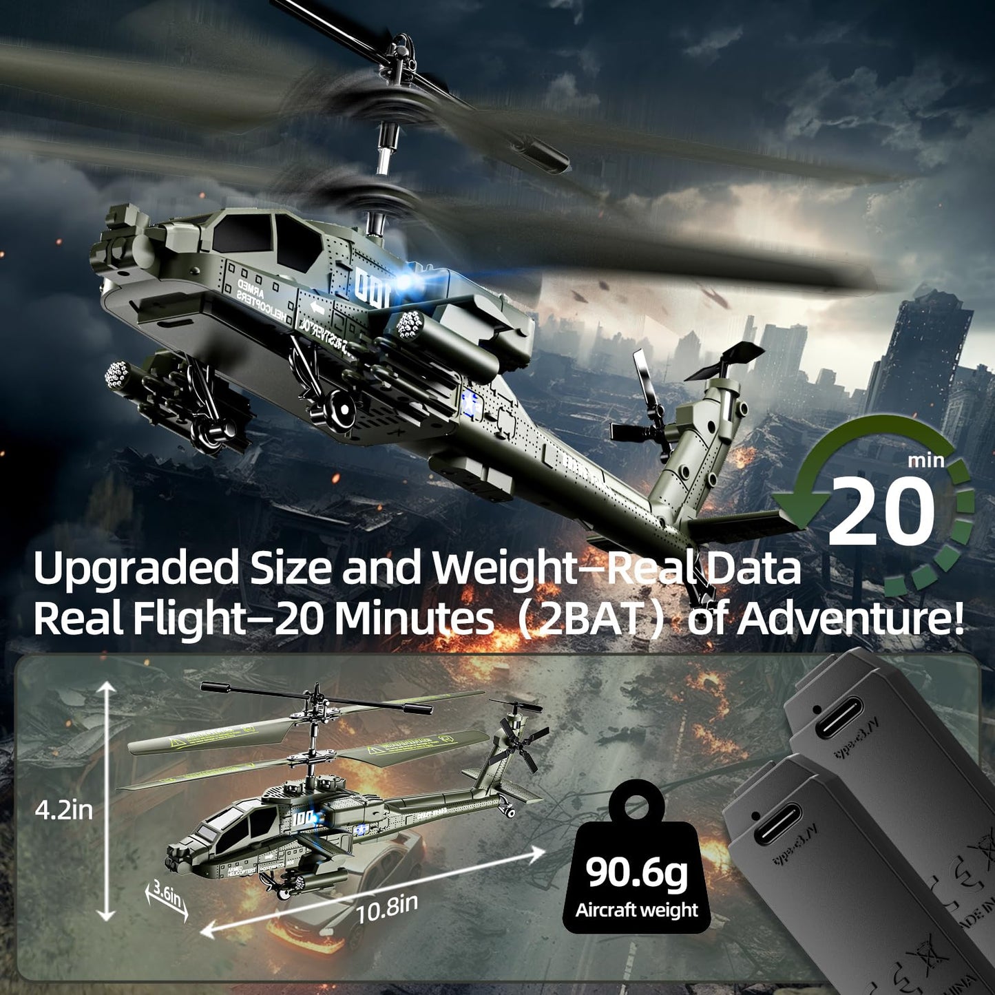 Remote Control Military Flying Helicopter Toy 2.4GHz, 3.5 Channels, Gyro & LED Light, Altitude Hold, RC Helicopters for Kids Adults Beginner (Silvery)
