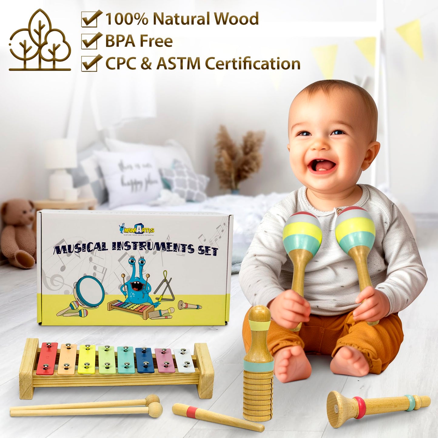 MINIARTIS Toddler Musical Instruments - Montessori Wooden Musical Toys for Toddlers 1-3 | Modern Boho Baby Drum Set with Neutral Colors Percussion Instruments | Kids Preschool Educational 3+