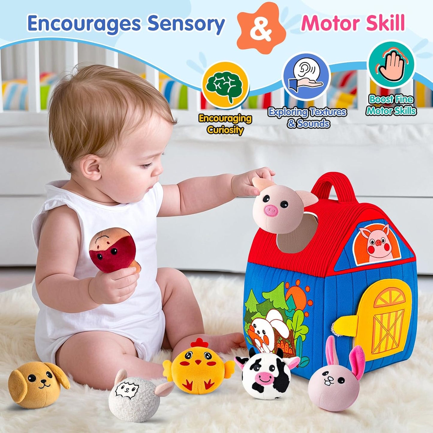 Baby Toys 6-12 Months, Barn with Stuffed Farm Animals, Montessori Toy for Babies, Sensory Toys for Toddlers 1-3, Portable Baby Farmhouse Toy, Birthday Gift for Infants & Toddlers