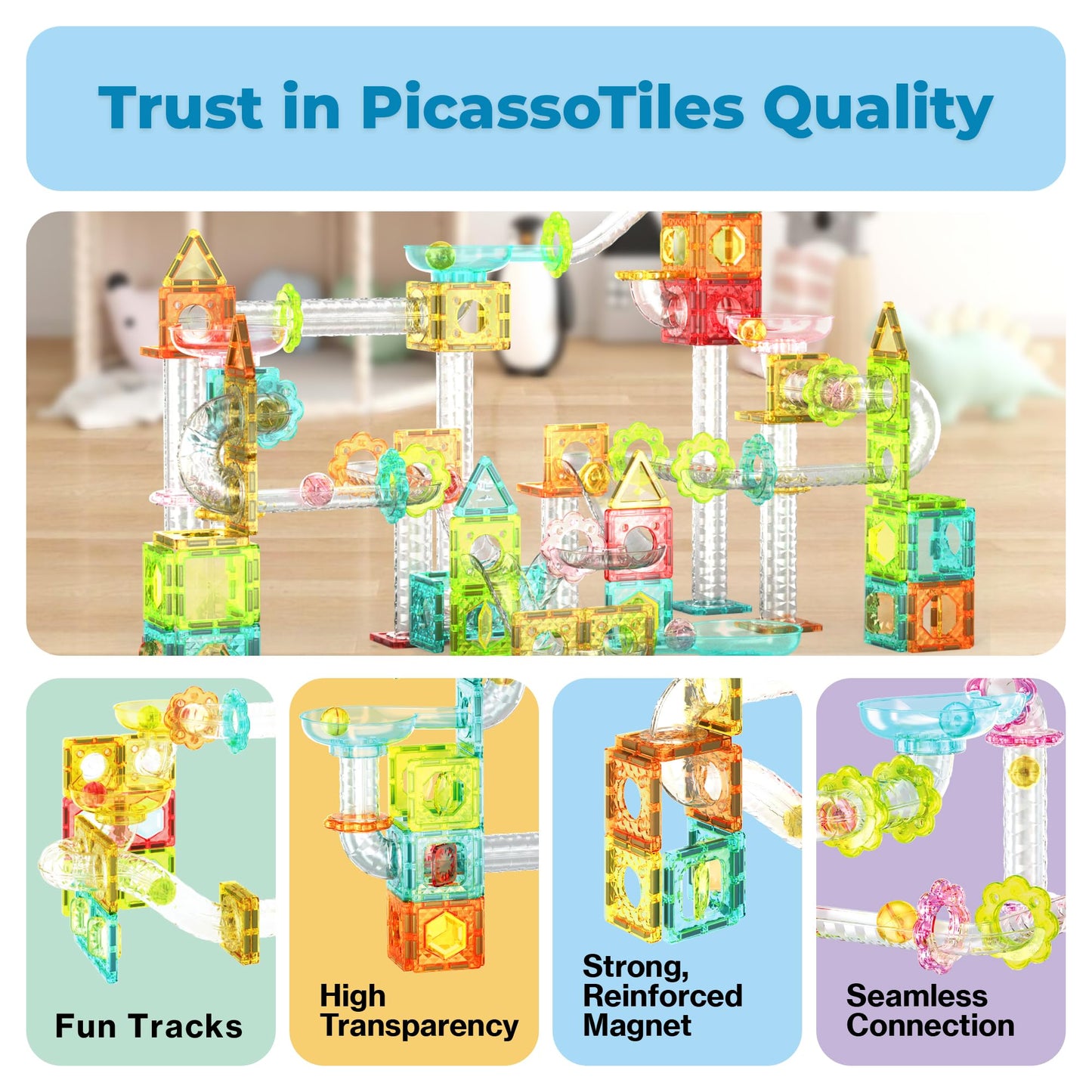 PicassoTiles 108pc 3-in-1 Marble Run Car Race Track Combo Magnetic Tiles PicassoToys Magnet Building Block Educational Construction Toy Playset STEM STEAM Learning Kit Child Brain Development PTG108